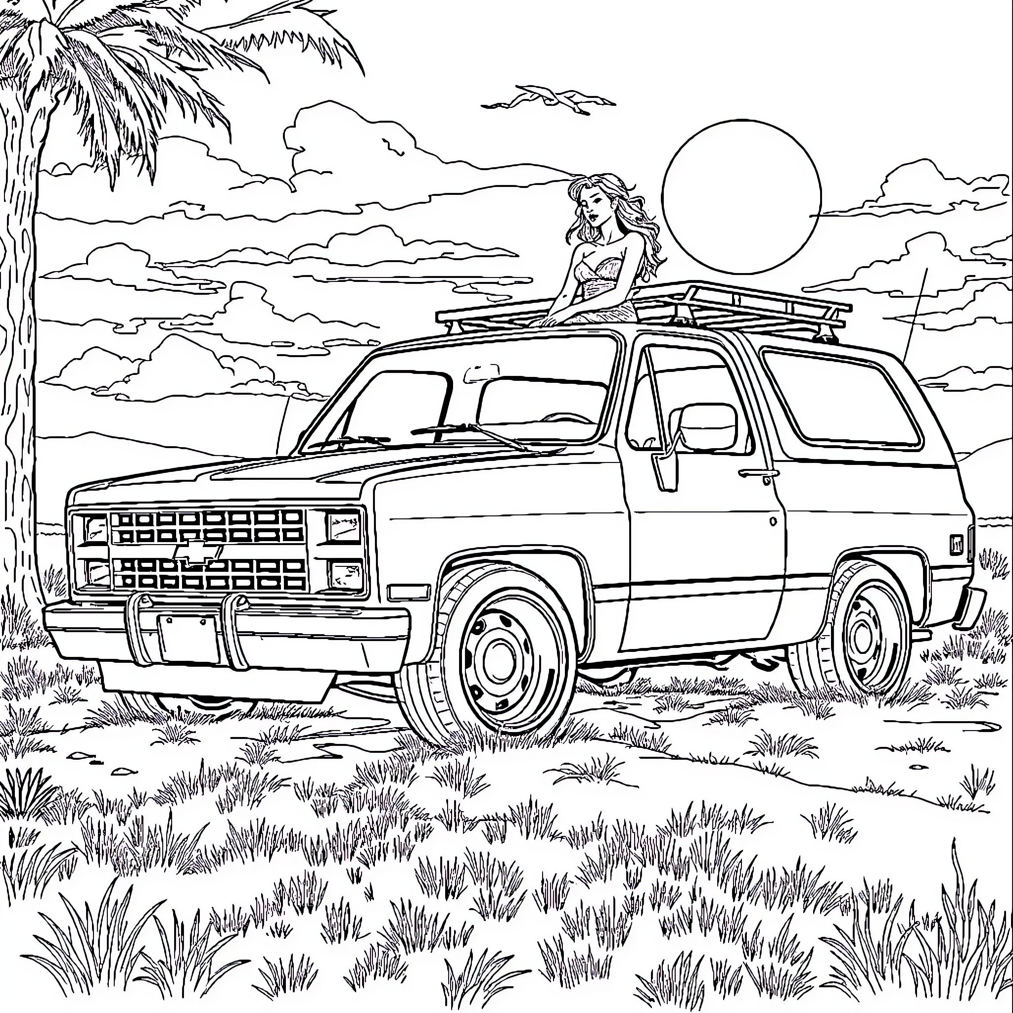Chevy SUV Exploring Tropical Paradise Coloring Page (free black-and-white line drawing printable PDF for all, from beginners to advanced learners, including children, teens, adults, and seniors)