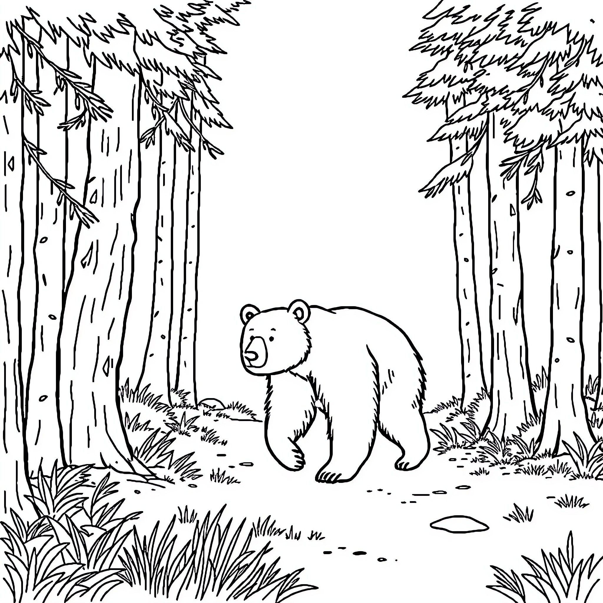Bear exploring the forest Coloring Page (free black-and-white line drawing printable PDF for all, from beginners to advanced learners, including children, teens, adults, and seniors)