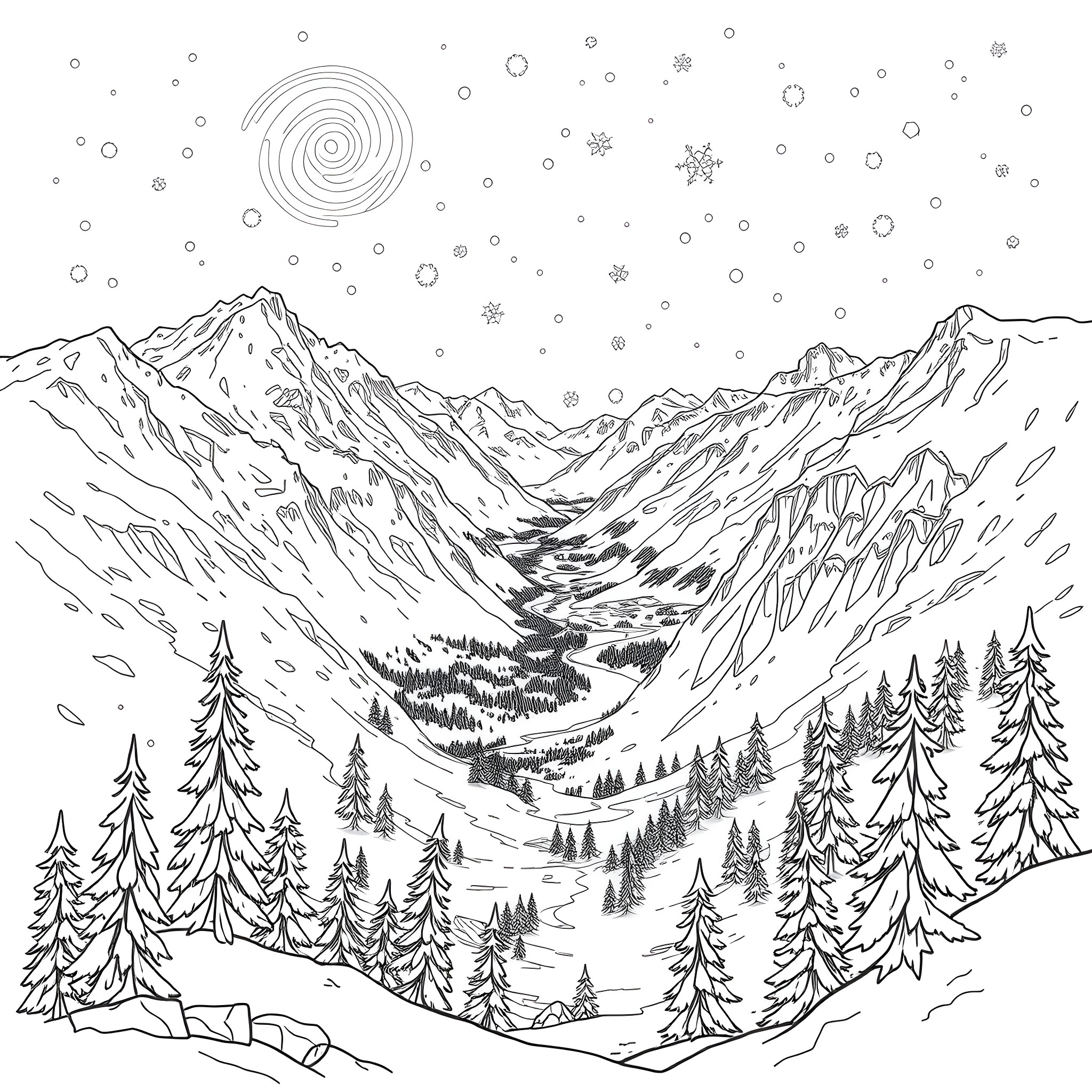 Snow-covered mountains and pine trees in winter landscape Coloring Page (free black-and-white line drawing printable PDF for all, from beginners to advanced learners, including children, teens, adults, and seniors)
