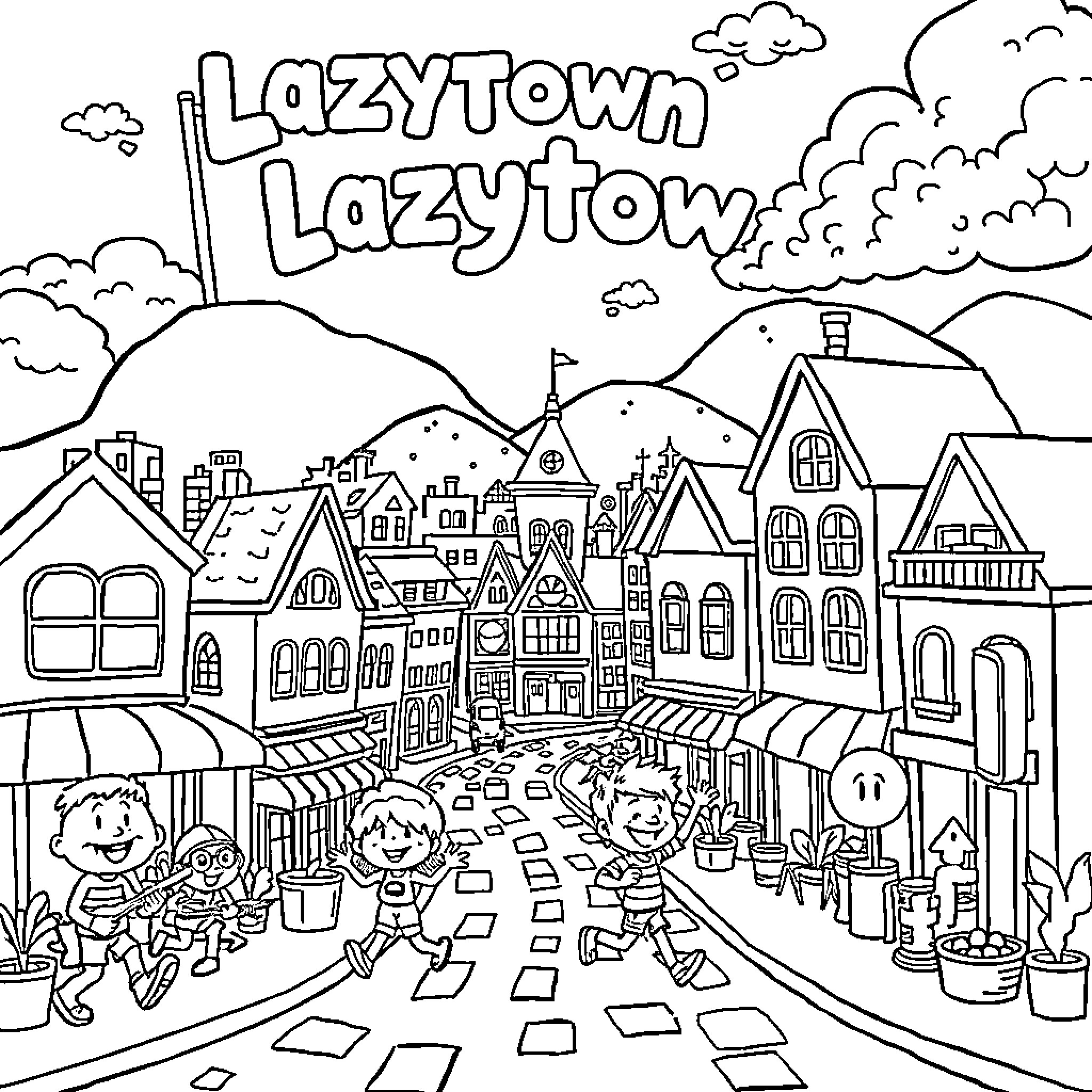 Lazytown characters in a vibrant town scene Coloring Page (free black-and-white line drawing printable PDF for all, from beginners to advanced learners, including children, teens, adults, and seniors)