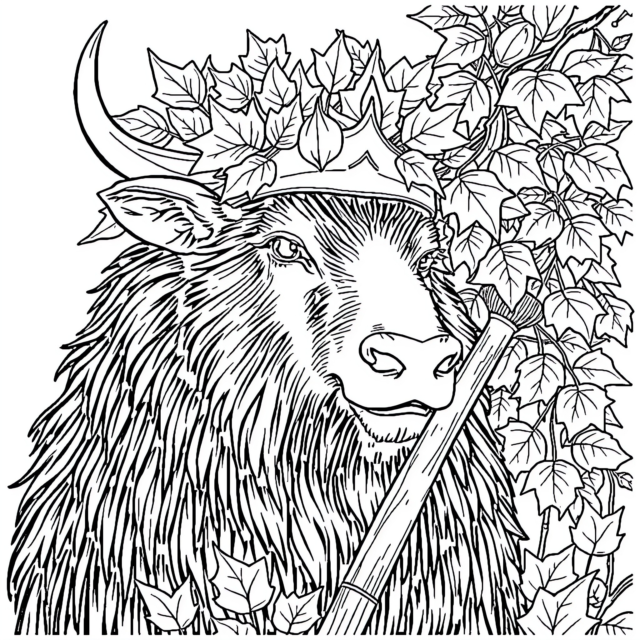 Mole creature in autumn leaves Coloring Page (free black-and-white line drawing printable PDF for all, from beginners to advanced learners, including children, teens, adults, and seniors)