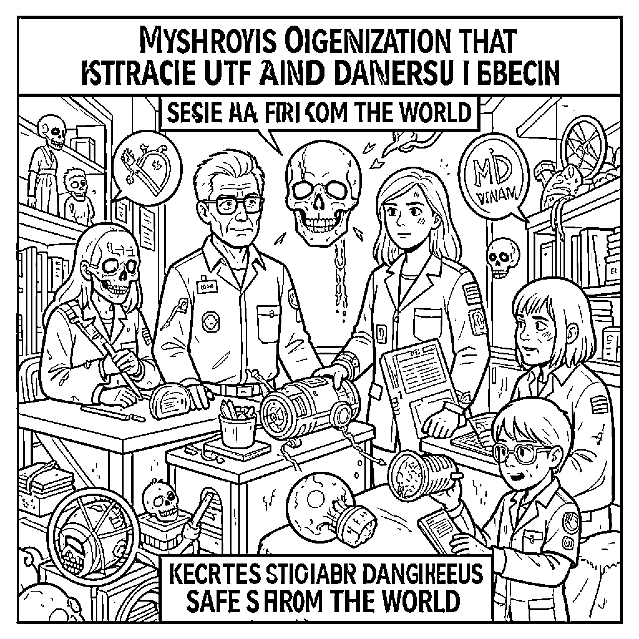 SCP: Mysterious organization conducting unexplained experiments Coloring Page (free black-and-white line drawing printable PDF for all, from beginners to advanced learners, including children, teens, adults, and seniors)