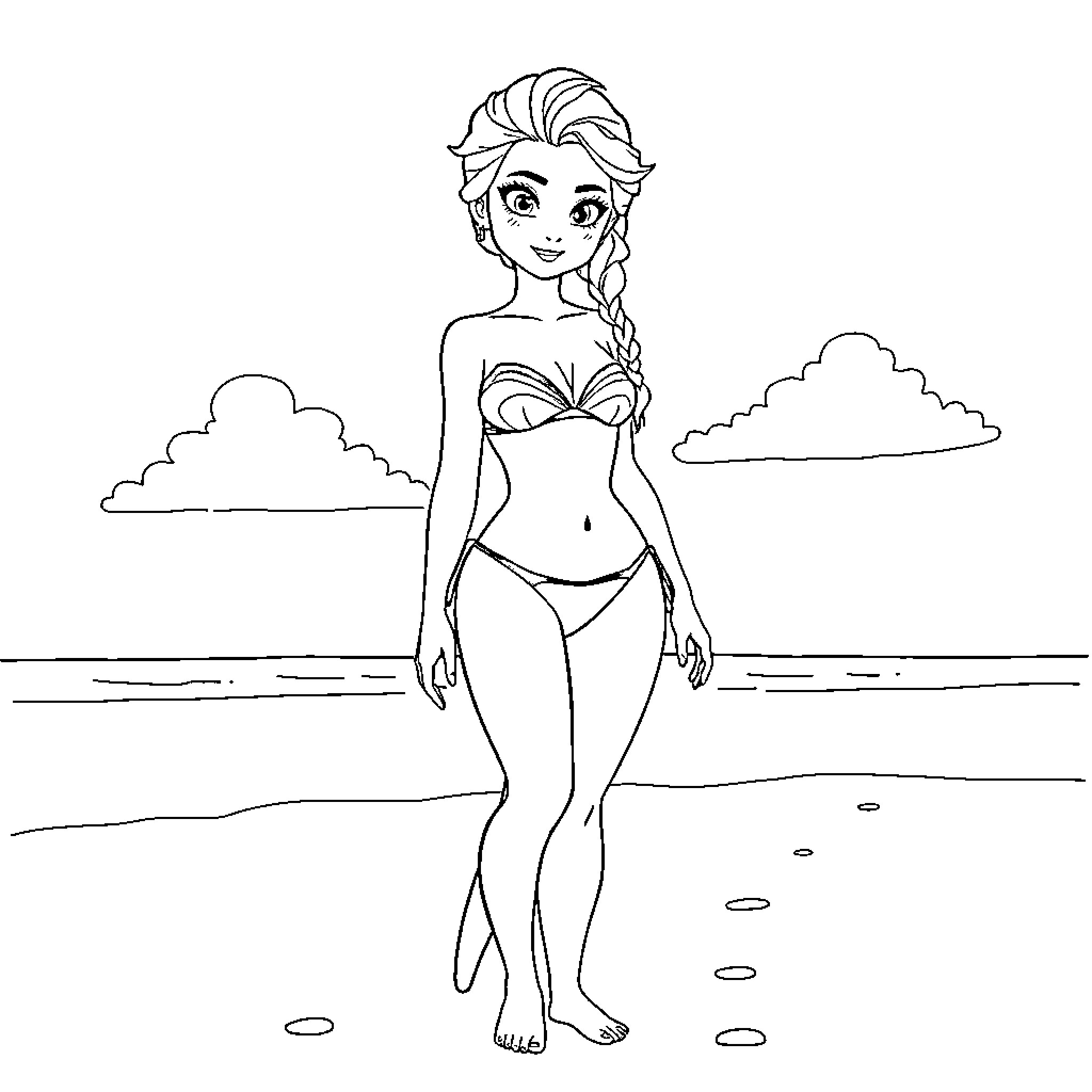 Elsa enjoying the beach in her swimwear Coloring Page (free black-and-white line drawing printable PDF for all, from beginners to advanced learners, including children, teens, adults, and seniors)