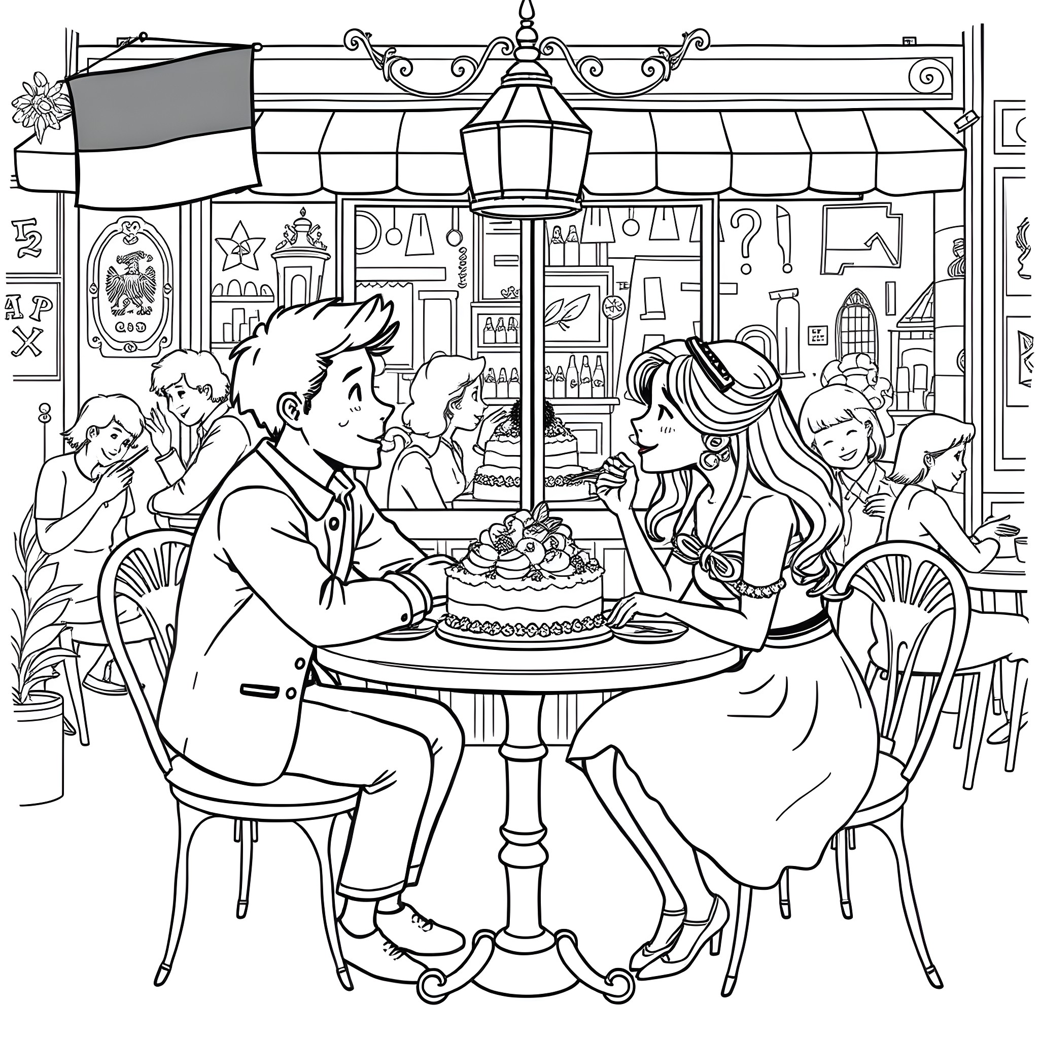 Germany and Italy: Couples enjoying a cafe experience Coloring Page (free black-and-white line drawing printable PDF for all, from beginners to advanced learners, including children, teens, adults, and seniors)