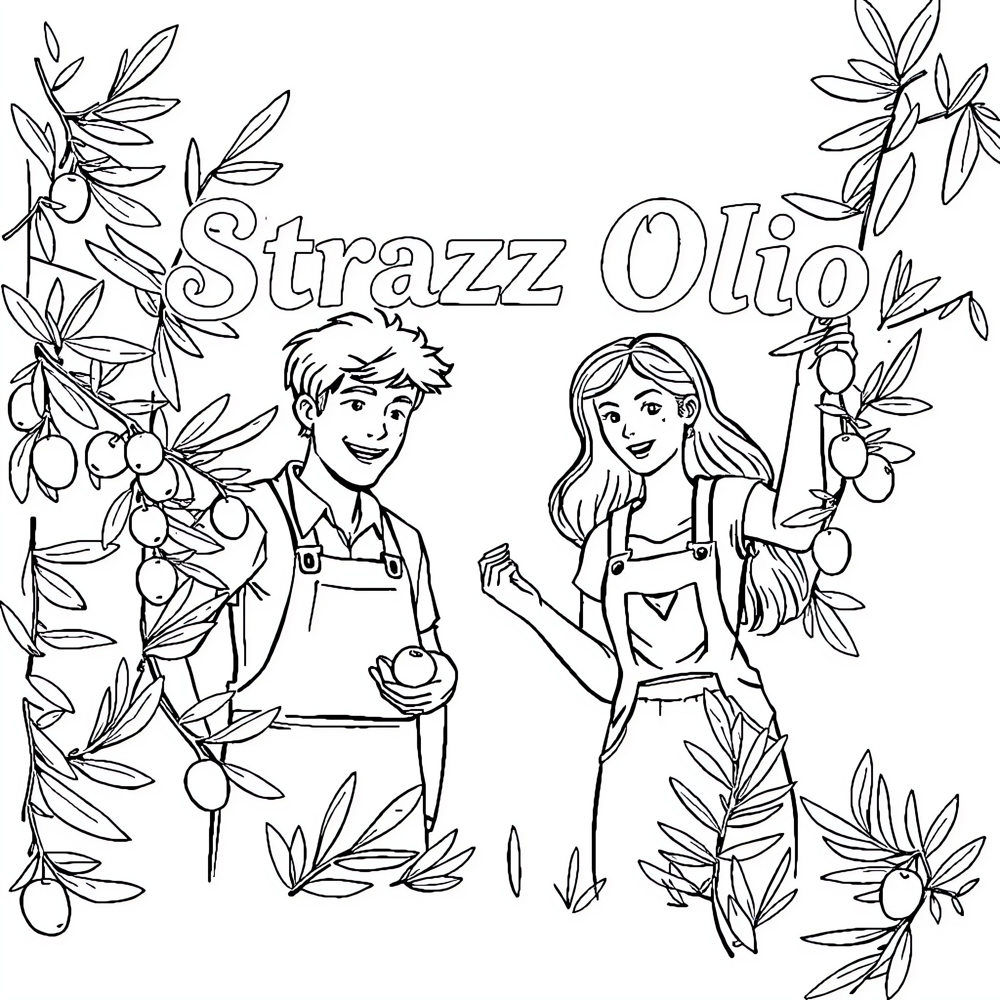 Farmer friends harvesting olives in the countryside Coloring Page (free black-and-white line drawing printable PDF for all, from beginners to advanced learners, including children, teens, adults, and seniors)