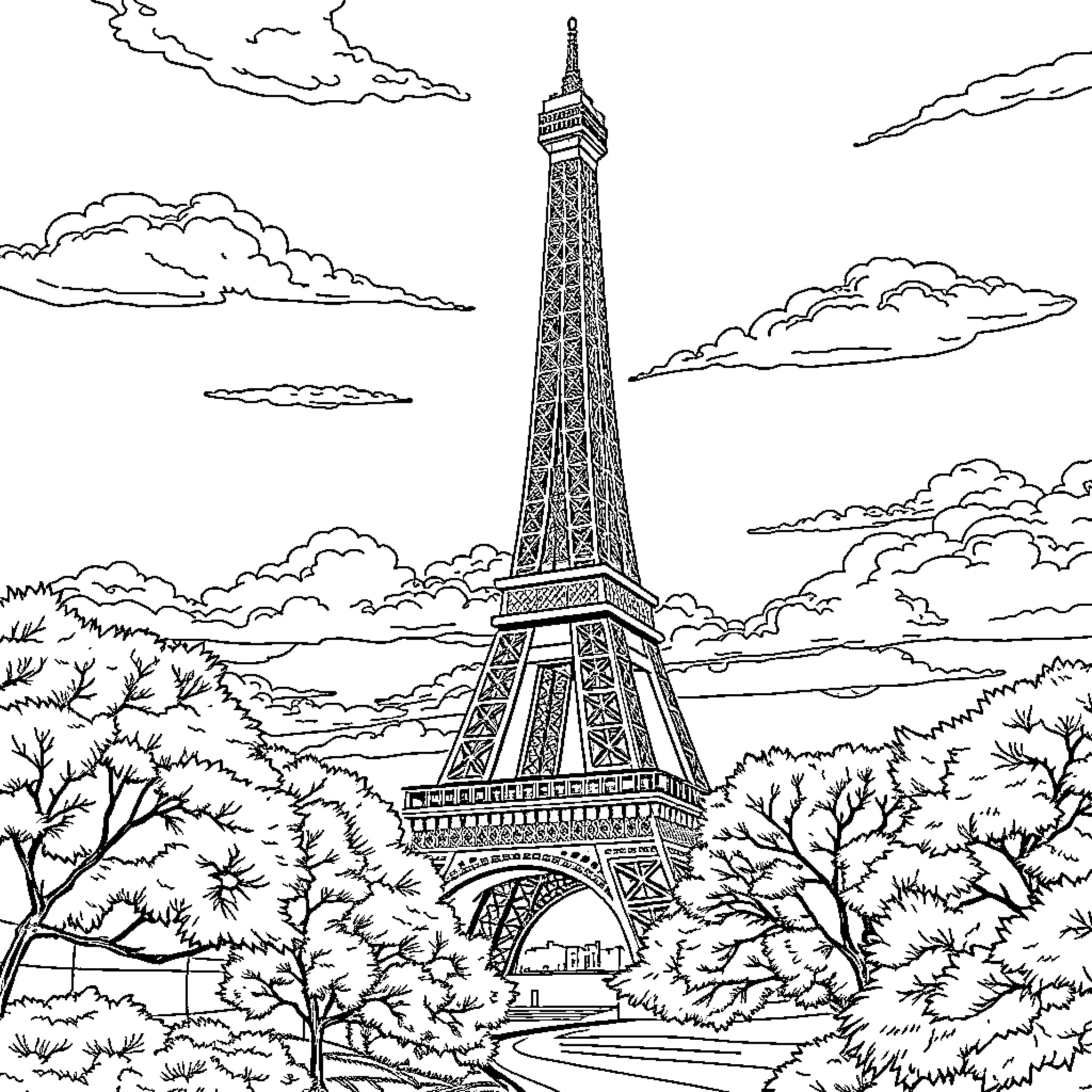 Eiffel Tower in a scenic landscape Coloring Page (free black-and-white line drawing printable PDF for all, from beginners to advanced learners, including children, teens, adults, and seniors)