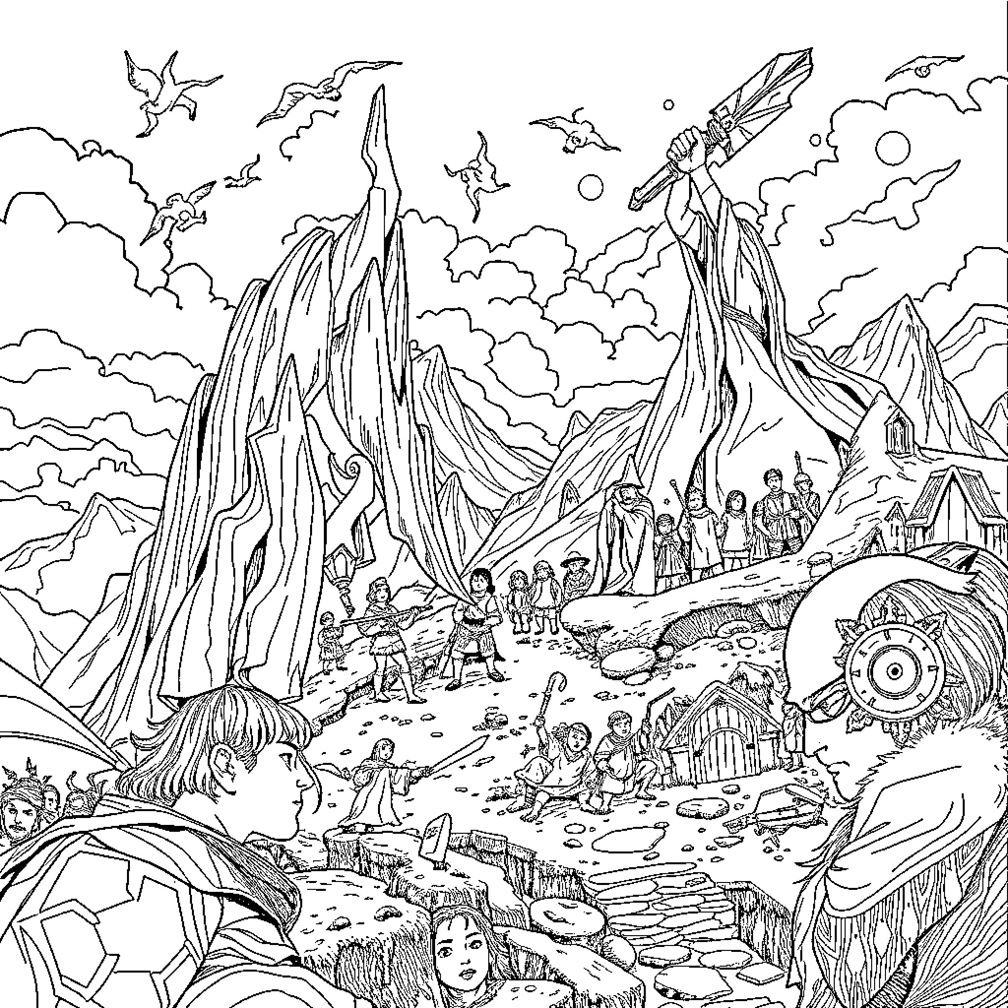 Lord of the Rings: Fantastical Adventure in Middle-earth Coloring Page (free black-and-white line drawing printable PDF for all, from beginners to advanced learners, including children, teens, adults, and seniors)