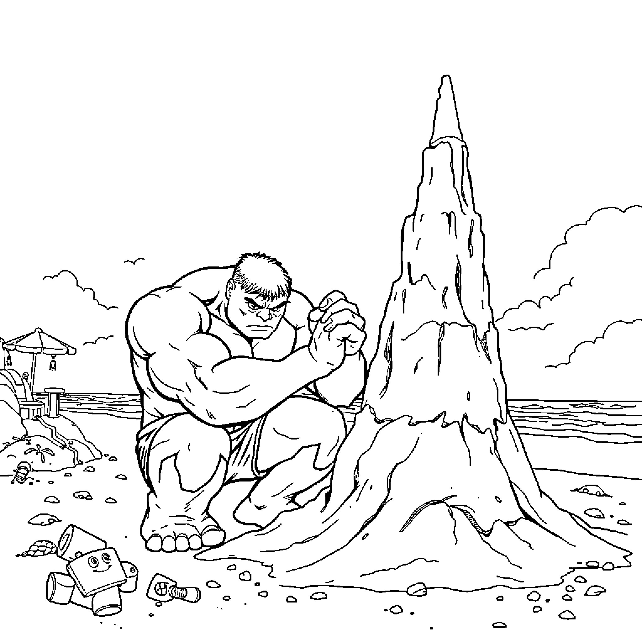 Hulk Resting on Beach Near Towering Rock Coloring Page (free black-and-white line drawing printable PDF for all, from beginners to advanced learners, including children, teens, adults, and seniors)