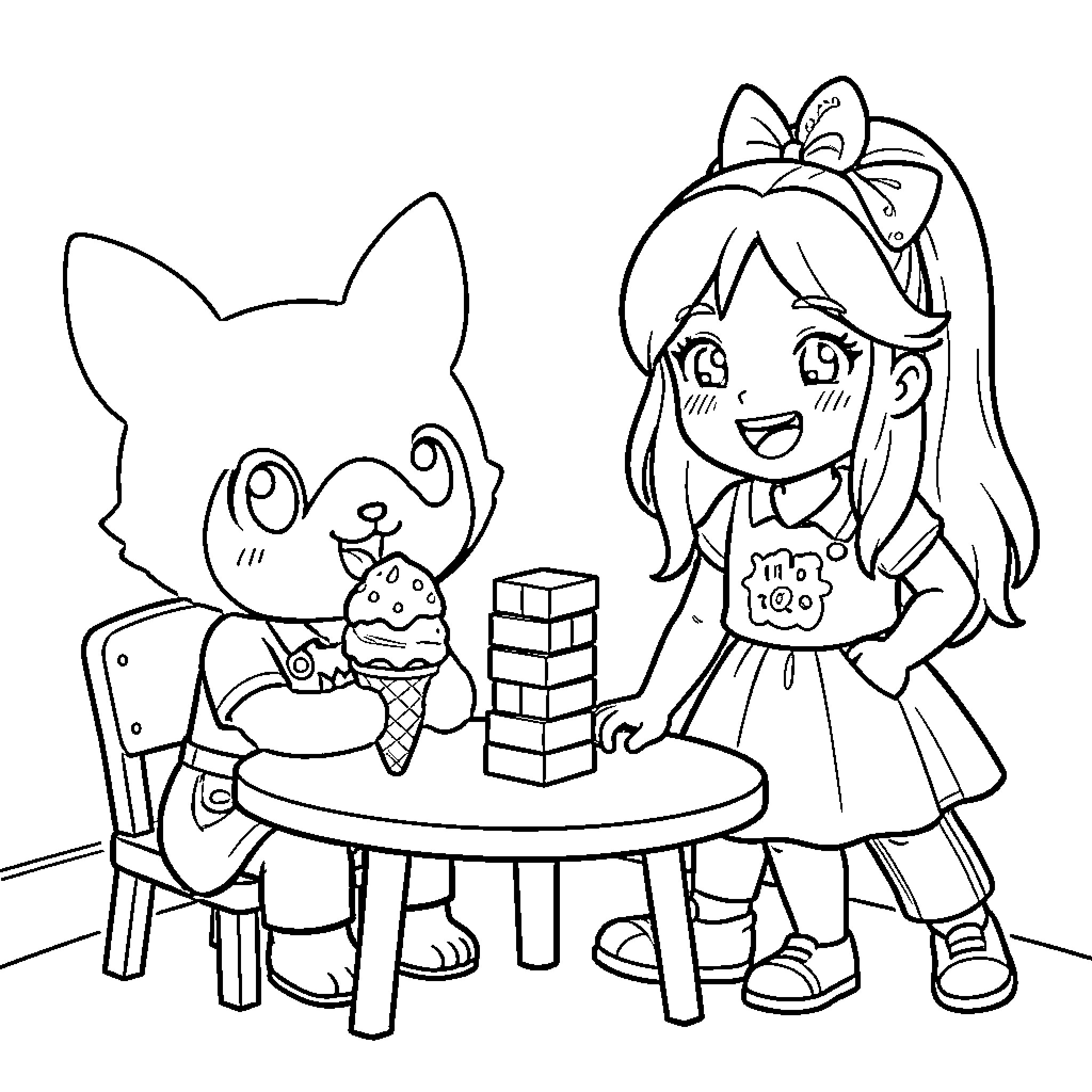 Kuromi playing games with a friend Coloring Page (free black-and-white line drawing printable PDF for all, from beginners to advanced learners, including children, teens, adults, and seniors)