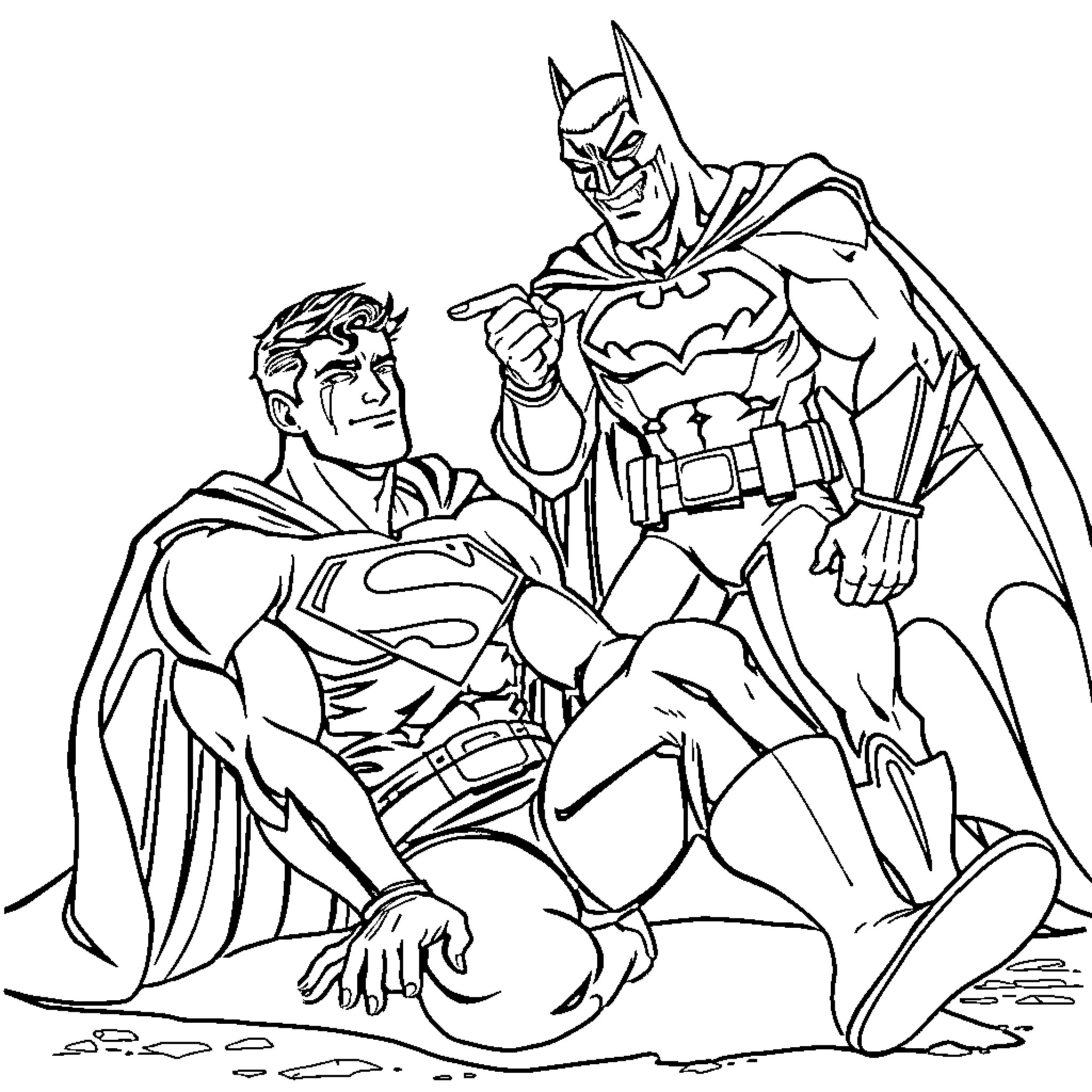 Superman and Batman in heroic poses Coloring Page (free black-and-white line drawing printable PDF for all, from beginners to advanced learners, including children, teens, adults, and seniors)