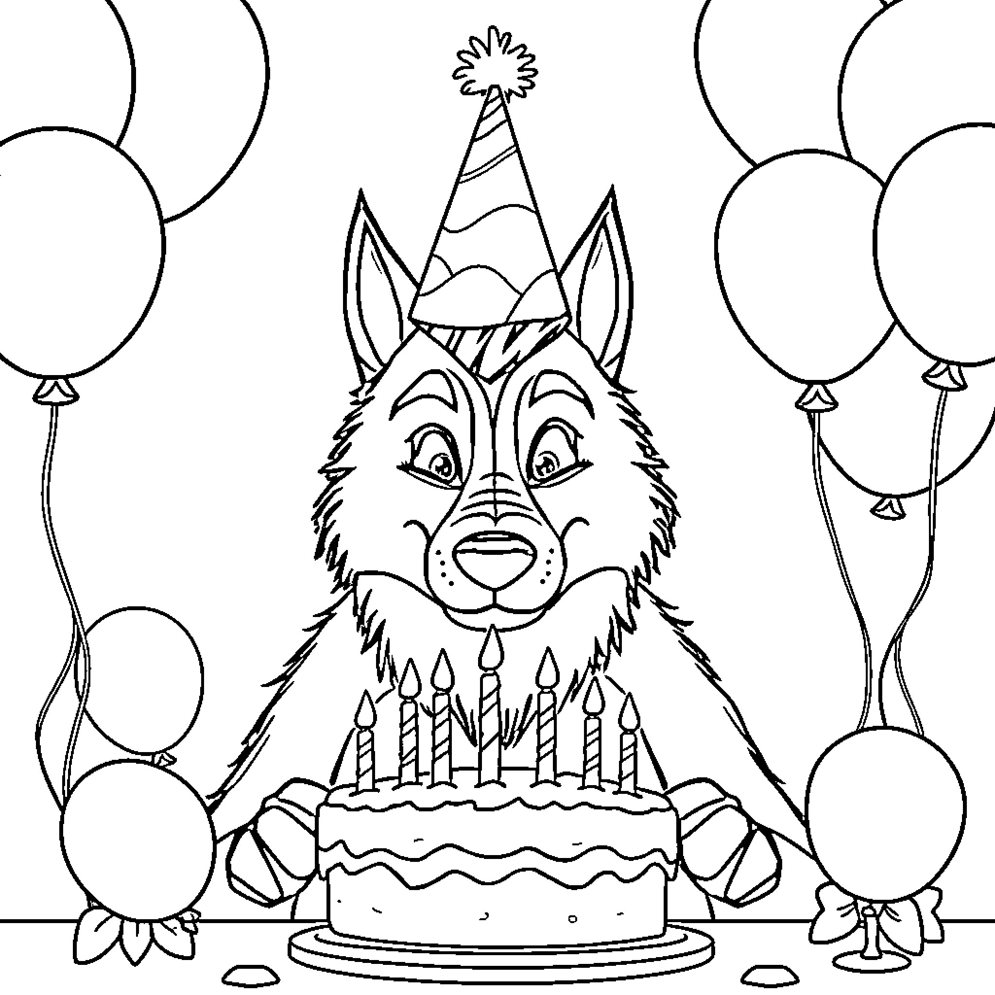 Wolf Man's Birthday Party with Cake and Balloons Coloring Page (free black-and-white line drawing printable PDF for all, from beginners to advanced learners, including children, teens, adults, and seniors)