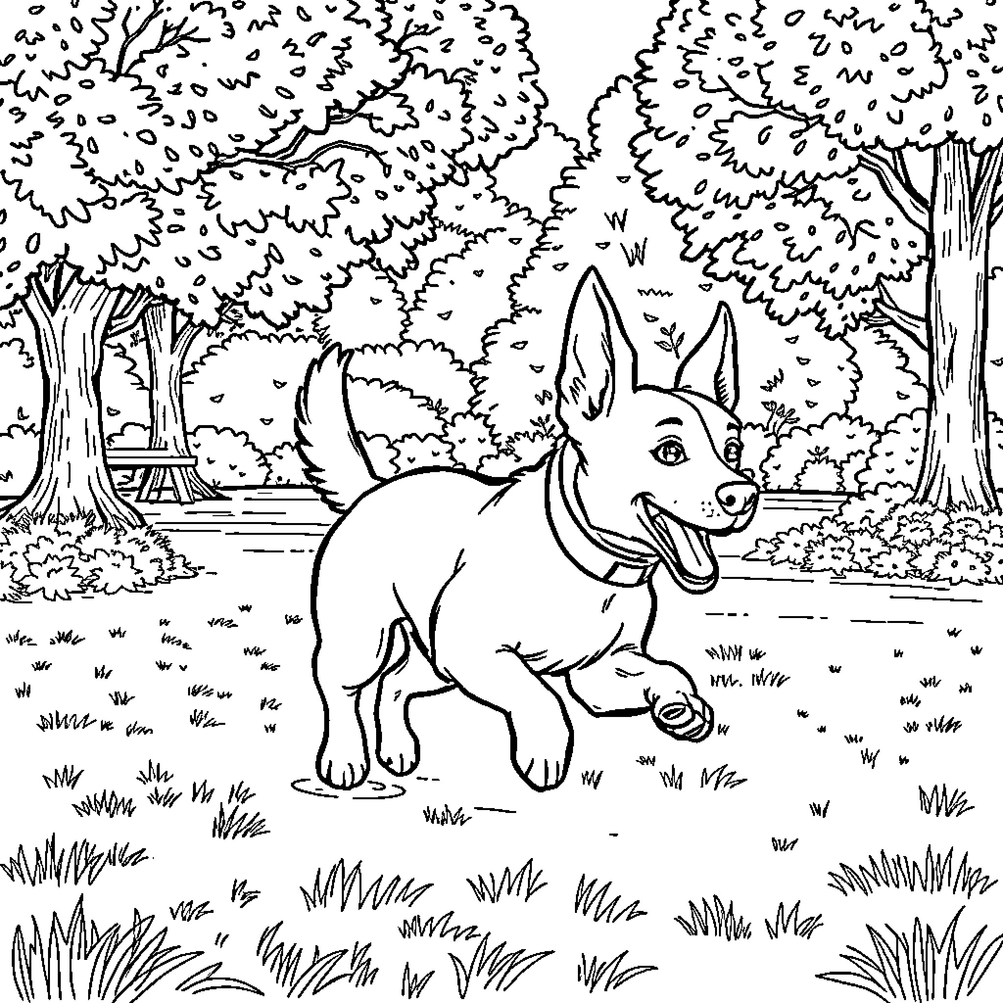 Dog playing happily in a wooded park Coloring Page (free black-and-white line drawing printable PDF for all, from beginners to advanced learners, including children, teens, adults, and seniors)