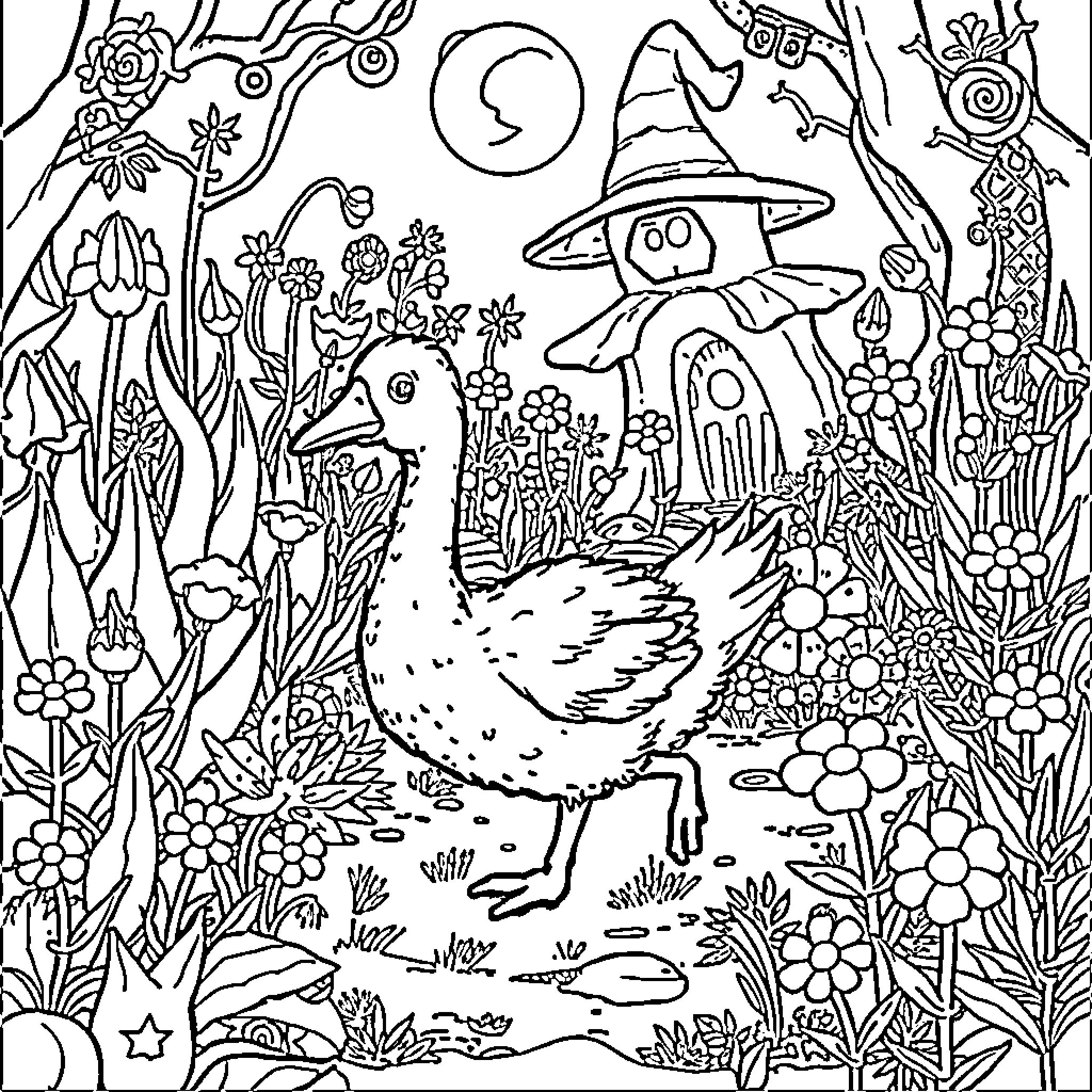 Goose exploring a whimsical garden scene Coloring Page (free black-and-white line drawing printable PDF for all, from beginners to advanced learners, including children, teens, adults, and seniors)