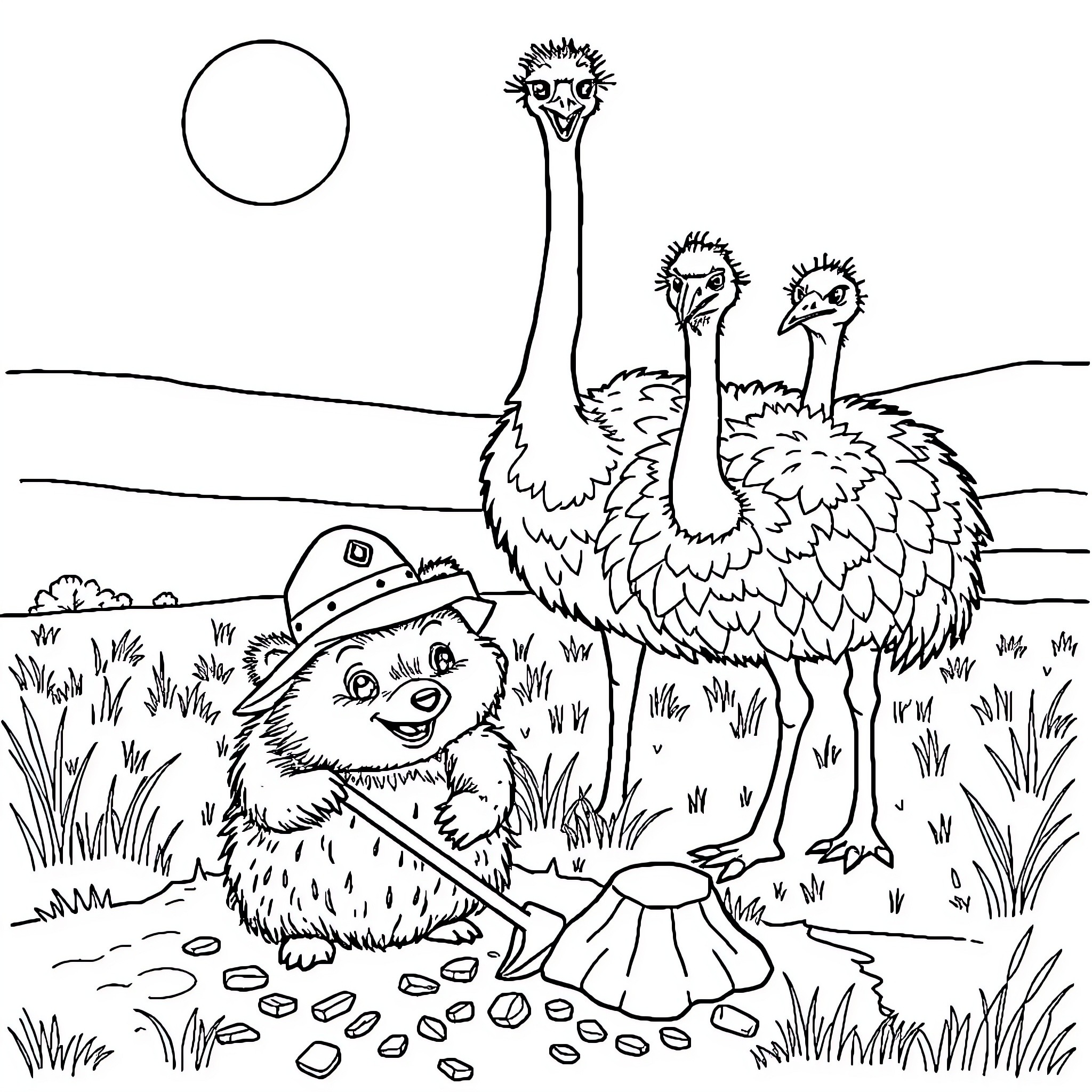 Hedgehog exploring in nature with ostriches Coloring Page (free black-and-white line drawing printable PDF for all, from beginners to advanced learners, including children, teens, adults, and seniors)