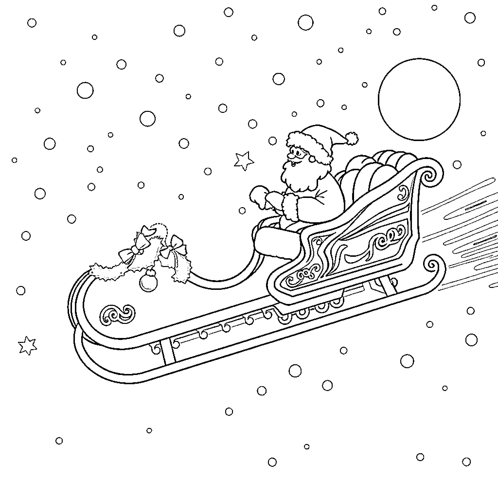 Sledge carrying toys on a snowy night Coloring Page (free black-and-white line drawing printable PDF for all, from beginners to advanced learners, including children, teens, adults, and seniors)