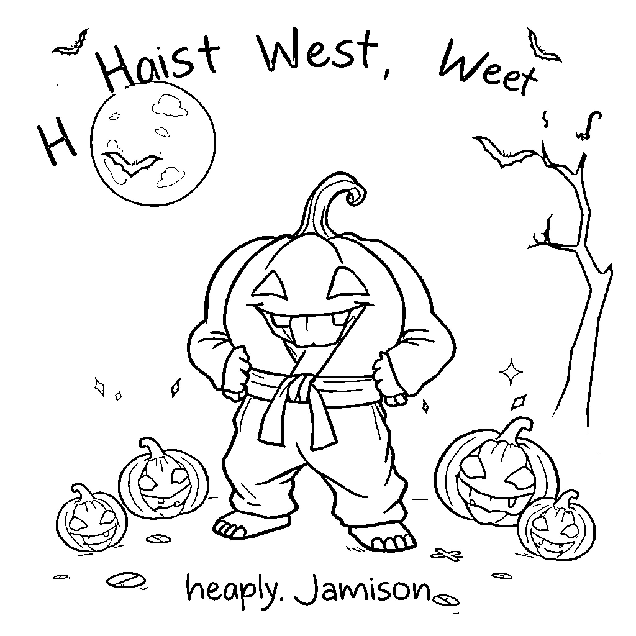 Pumpkin-headed figure celebrating Halloween Coloring Page (free black-and-white line drawing printable PDF for all, from beginners to advanced learners, including children, teens, adults, and seniors)