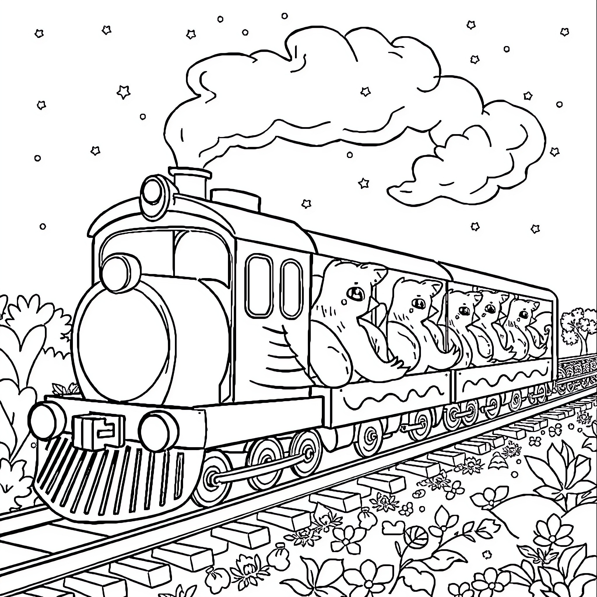 Train travelling through scenic landscape Coloring Page (free black-and-white line drawing printable PDF for all, from beginners to advanced learners, including children, teens, adults, and seniors)