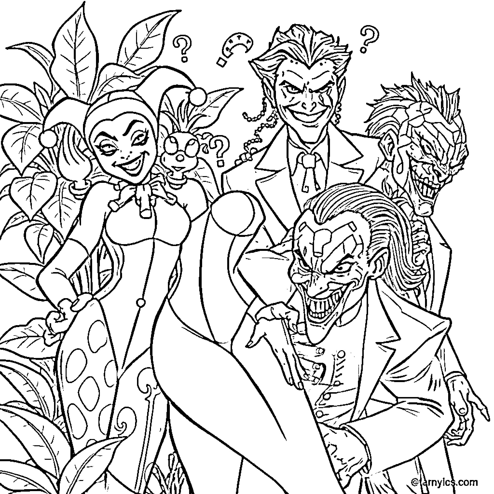 Villain's sinister gathering in the wild jungle Coloring Page (free black-and-white line drawing printable PDF for all, from beginners to advanced learners, including children, teens, adults, and seniors)