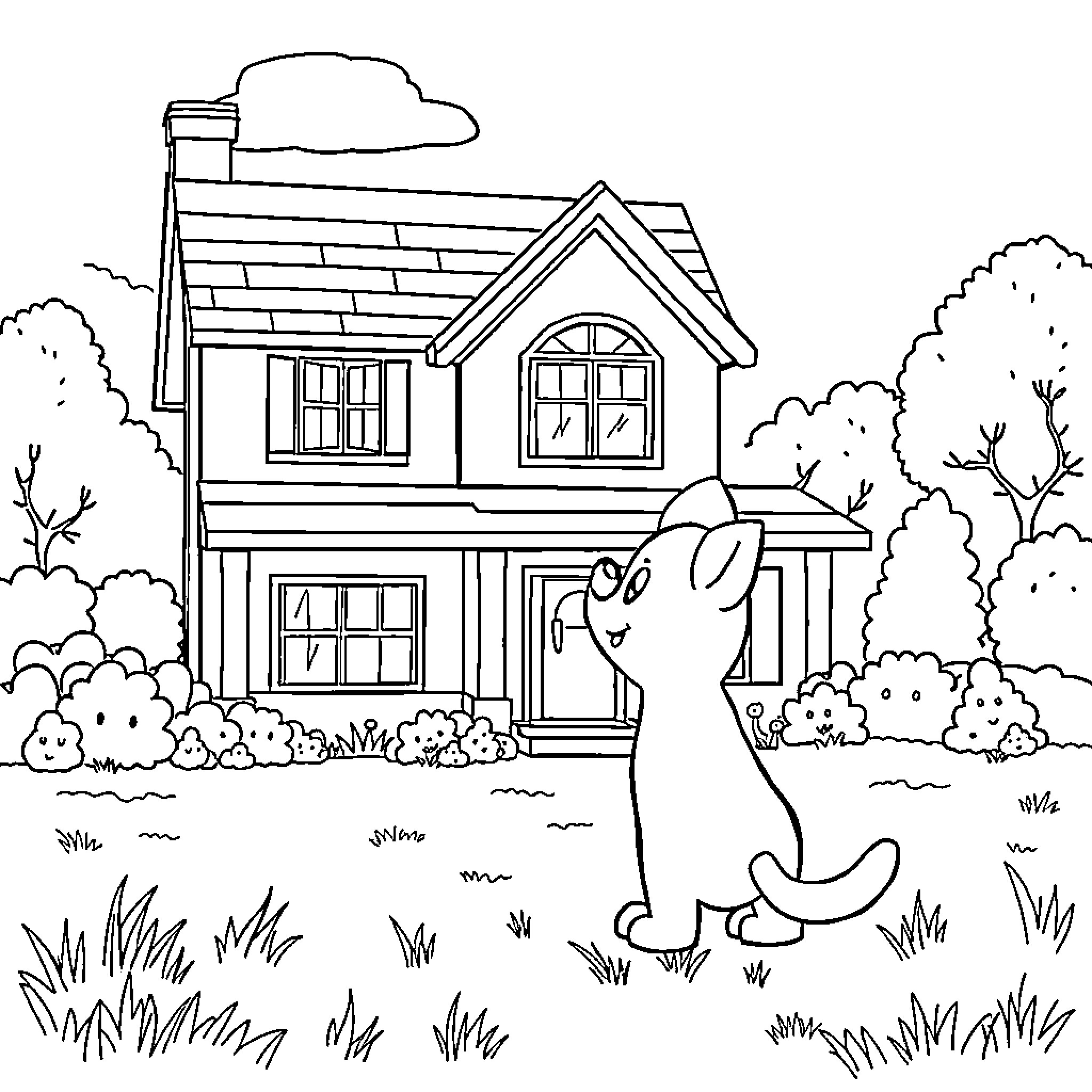 Bluey playing happily in the yard Coloring Page (free black-and-white line drawing printable PDF for all, from beginners to advanced learners, including children, teens, adults, and seniors)
