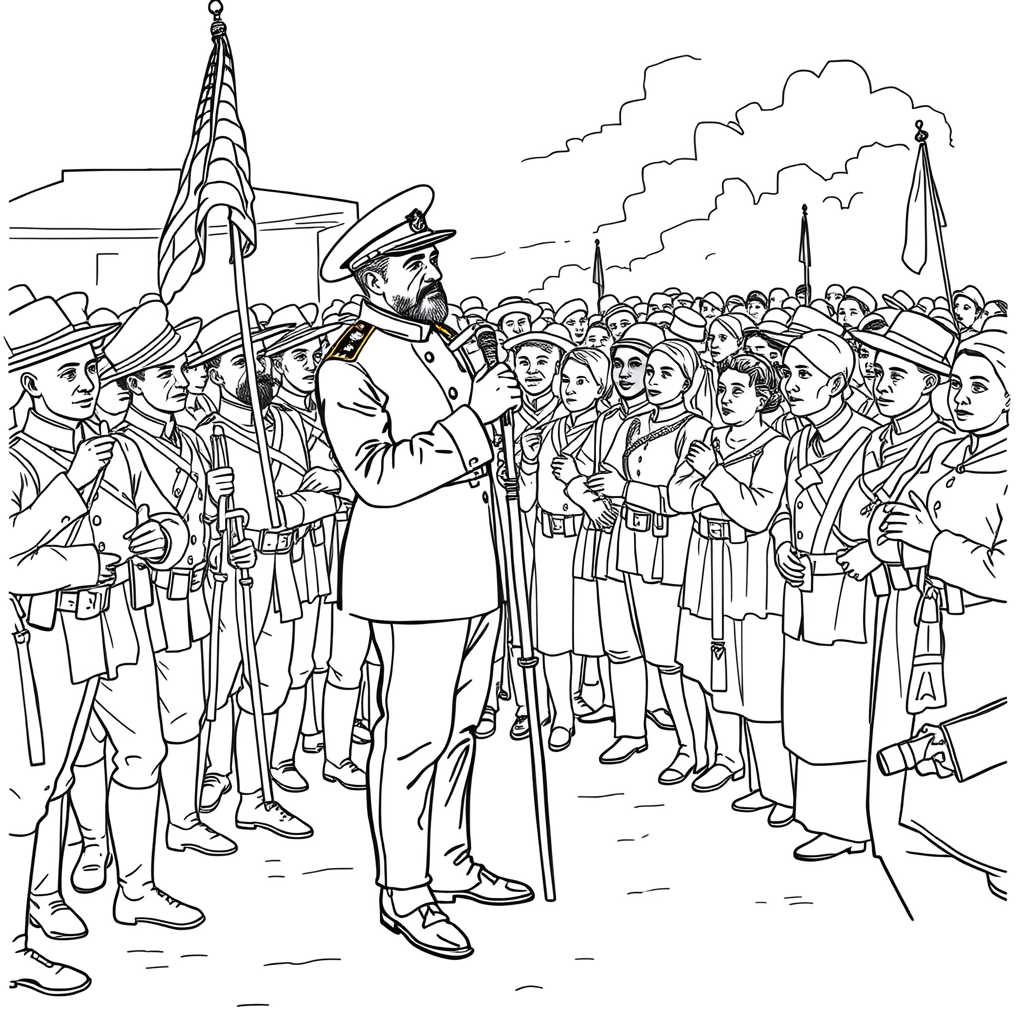 Juneteenth celebration with military parade and people Coloring Page (free black-and-white line drawing printable PDF for all, from beginners to advanced learners, including children, teens, adults, and seniors)