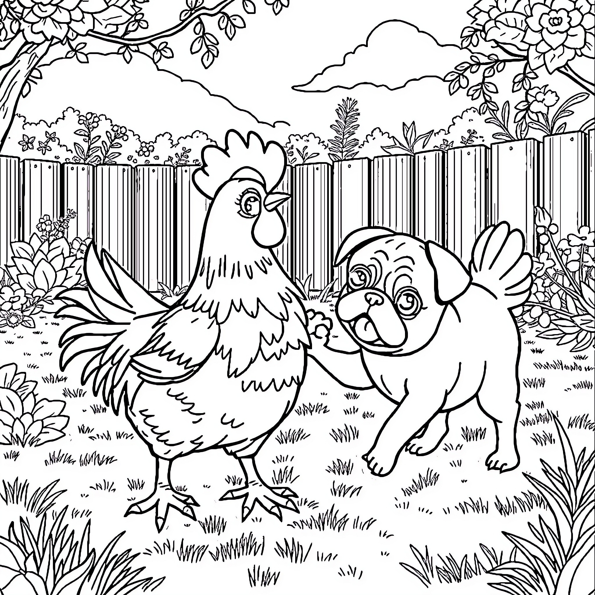 Chicken and dog in a garden scene Coloring Page (free black-and-white line drawing printable PDF for all, from beginners to advanced learners, including children, teens, adults, and seniors)