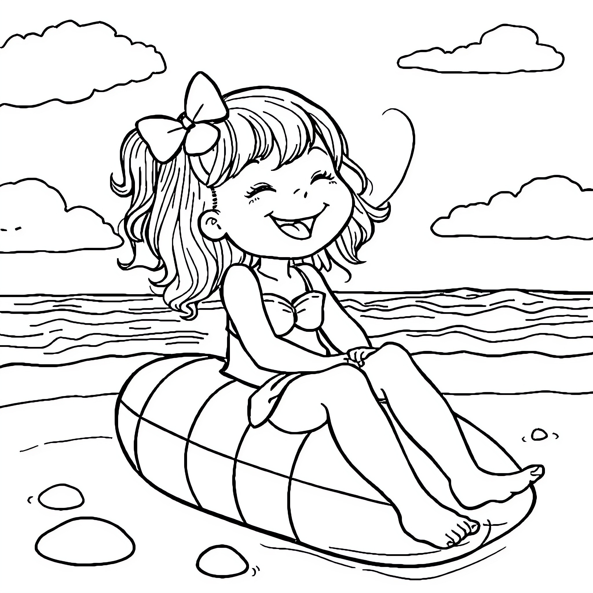 Girl playing happily on the beach Coloring Page (free black-and-white line drawing printable PDF for all, from beginners to advanced learners, including children, teens, adults, and seniors)