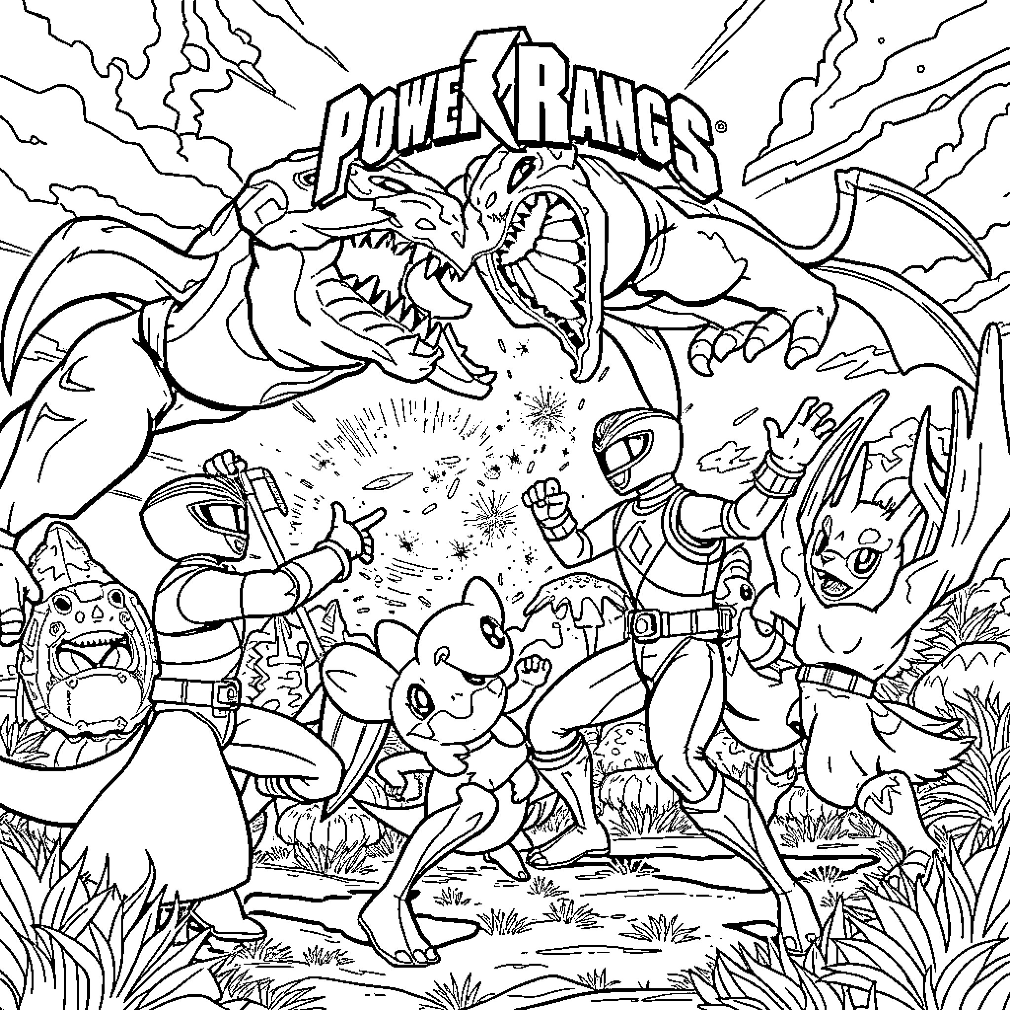 Power Rangers Battling Fierce Monsters in Epic Adventure Coloring Page (free black-and-white line drawing printable PDF for all, from beginners to advanced learners, including children, teens, adults, and seniors)