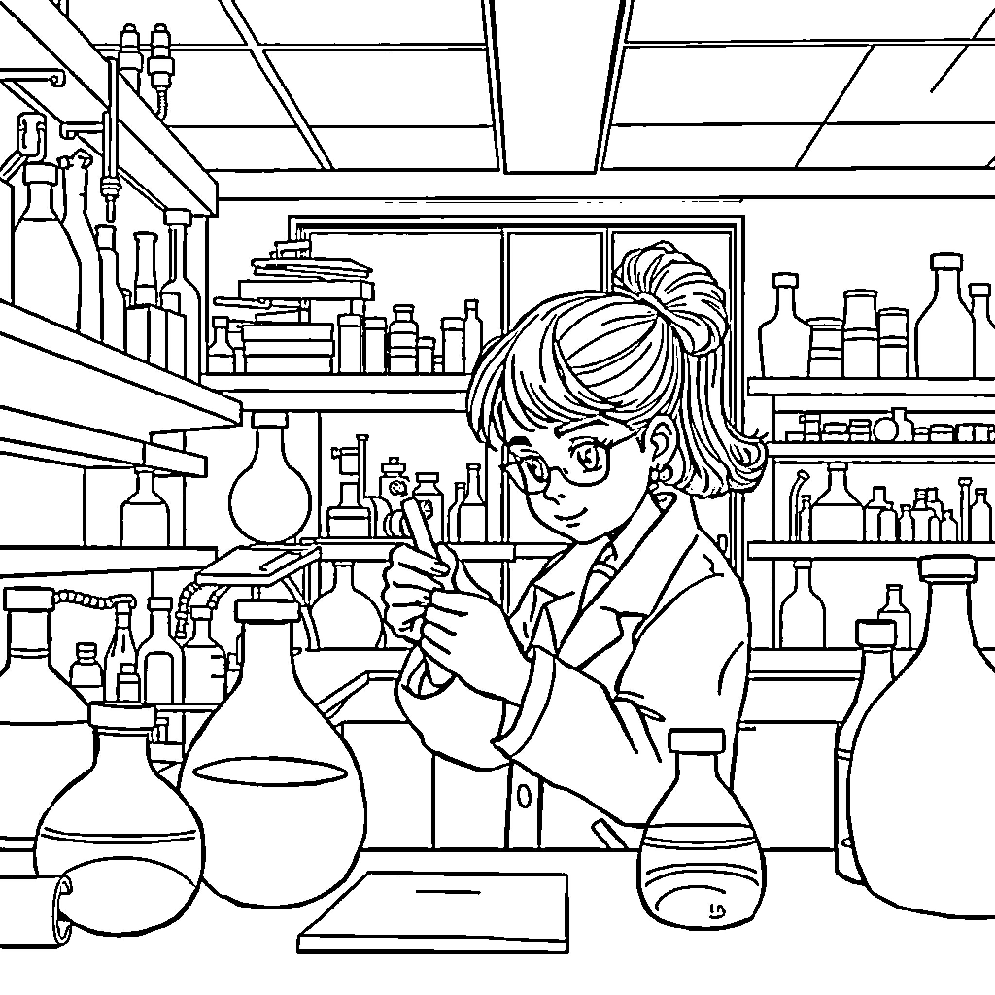 Girl Working Diligently in Science Lab Coloring Page (free black-and-white line drawing printable PDF for all, from beginners to advanced learners, including children, teens, adults, and seniors)