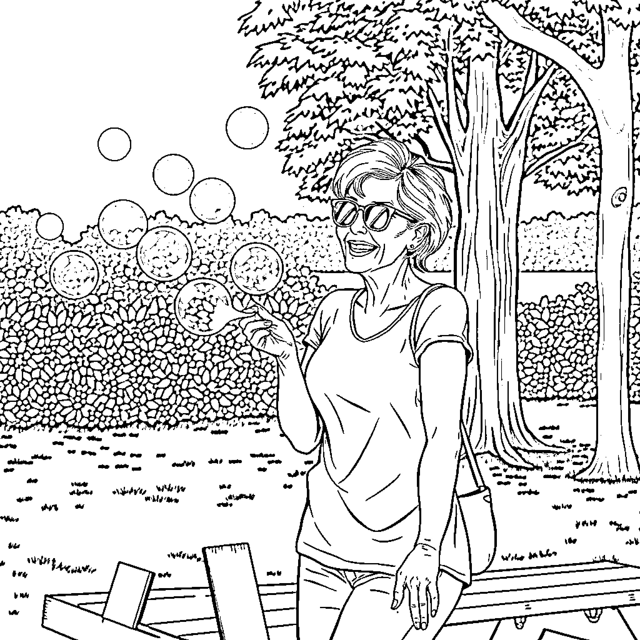 Lady blowing bubbles in the park Coloring Page (free black-and-white line drawing printable PDF for all, from beginners to advanced learners, including children, teens, adults, and seniors)