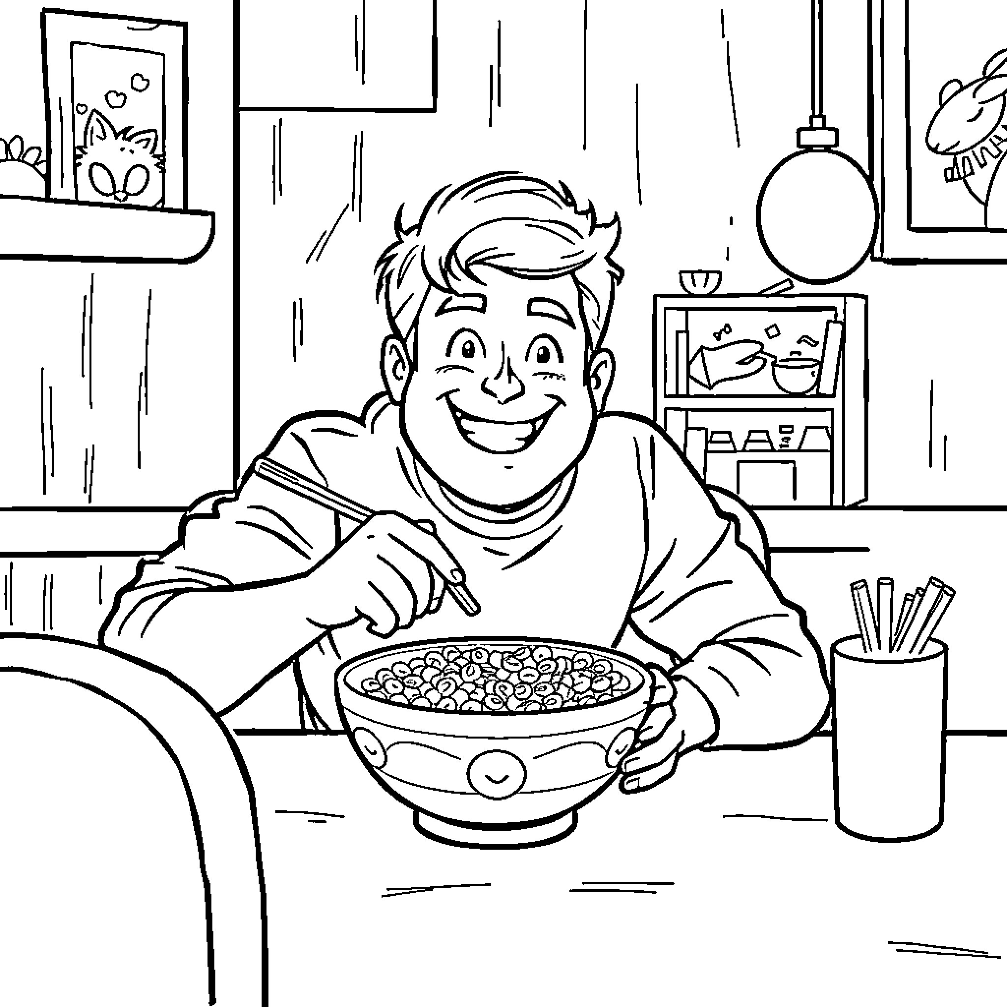 Korben enjoys a hearty meal in his cozy home Coloring Page (free black-and-white line drawing printable PDF for all, from beginners to advanced learners, including children, teens, adults, and seniors)