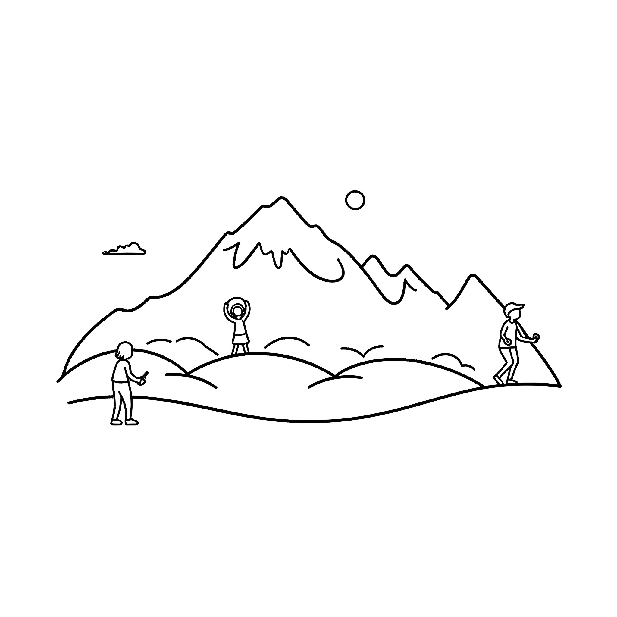 Logo of people hiking in mountainous landscape Coloring Page (free black-and-white line drawing printable PDF for all, from beginners to advanced learners, including children, teens, adults, and seniors)