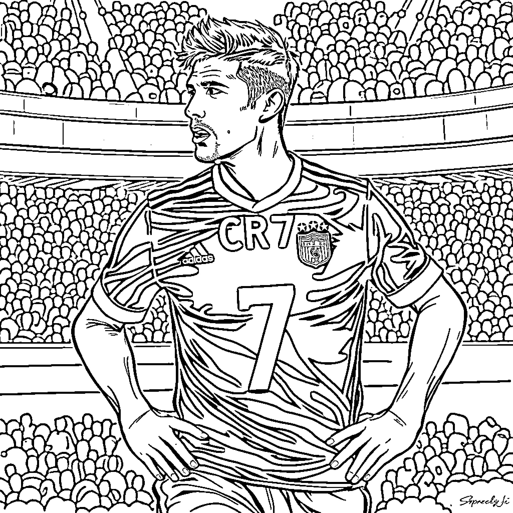 Cr7 football player in stadium Coloring Page (free black-and-white line drawing printable PDF for all, from beginners to advanced learners, including children, teens, adults, and seniors)