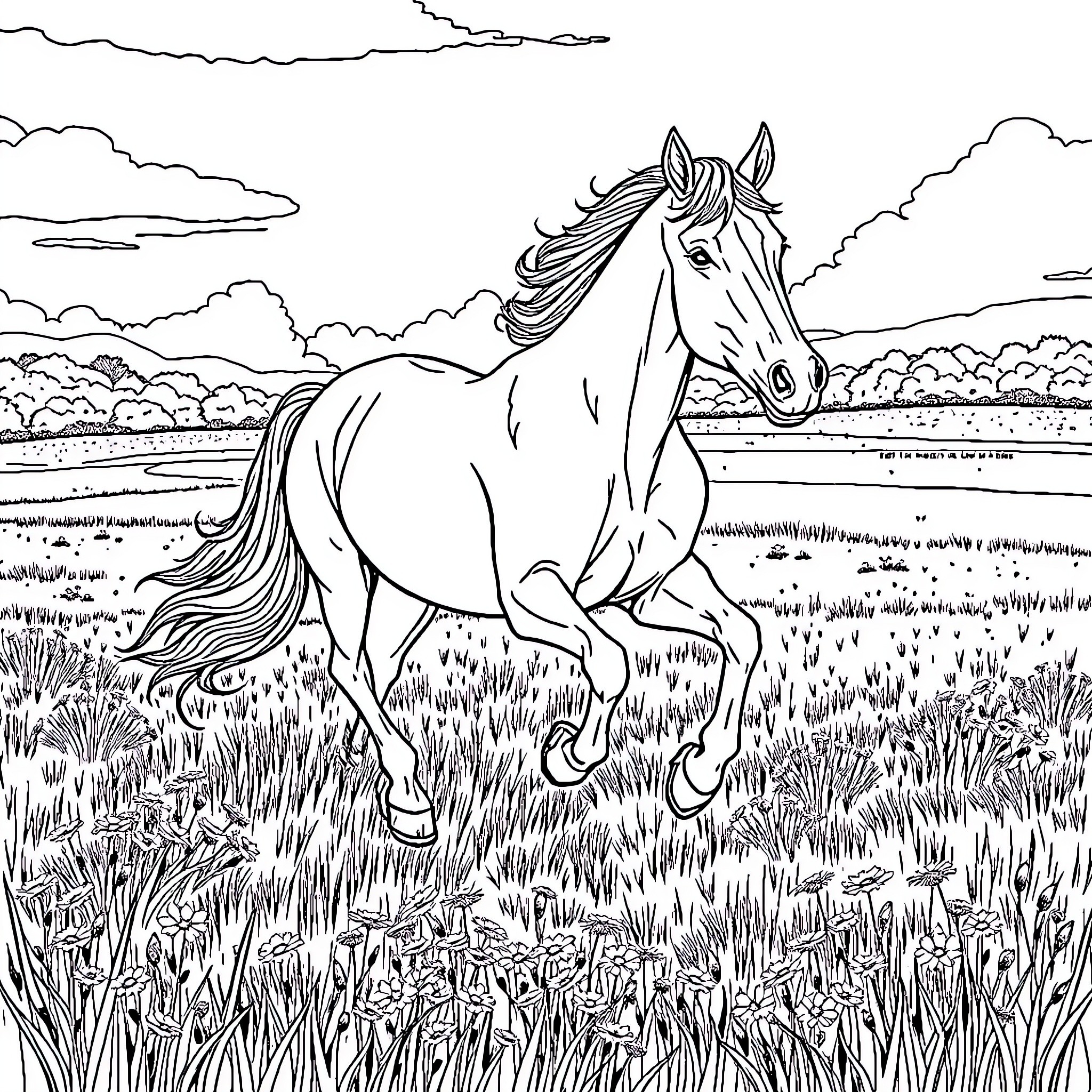 Horse galloping across the open field Coloring Page (free black-and-white line drawing printable PDF for all, from beginners to advanced learners, including children, teens, adults, and seniors)
