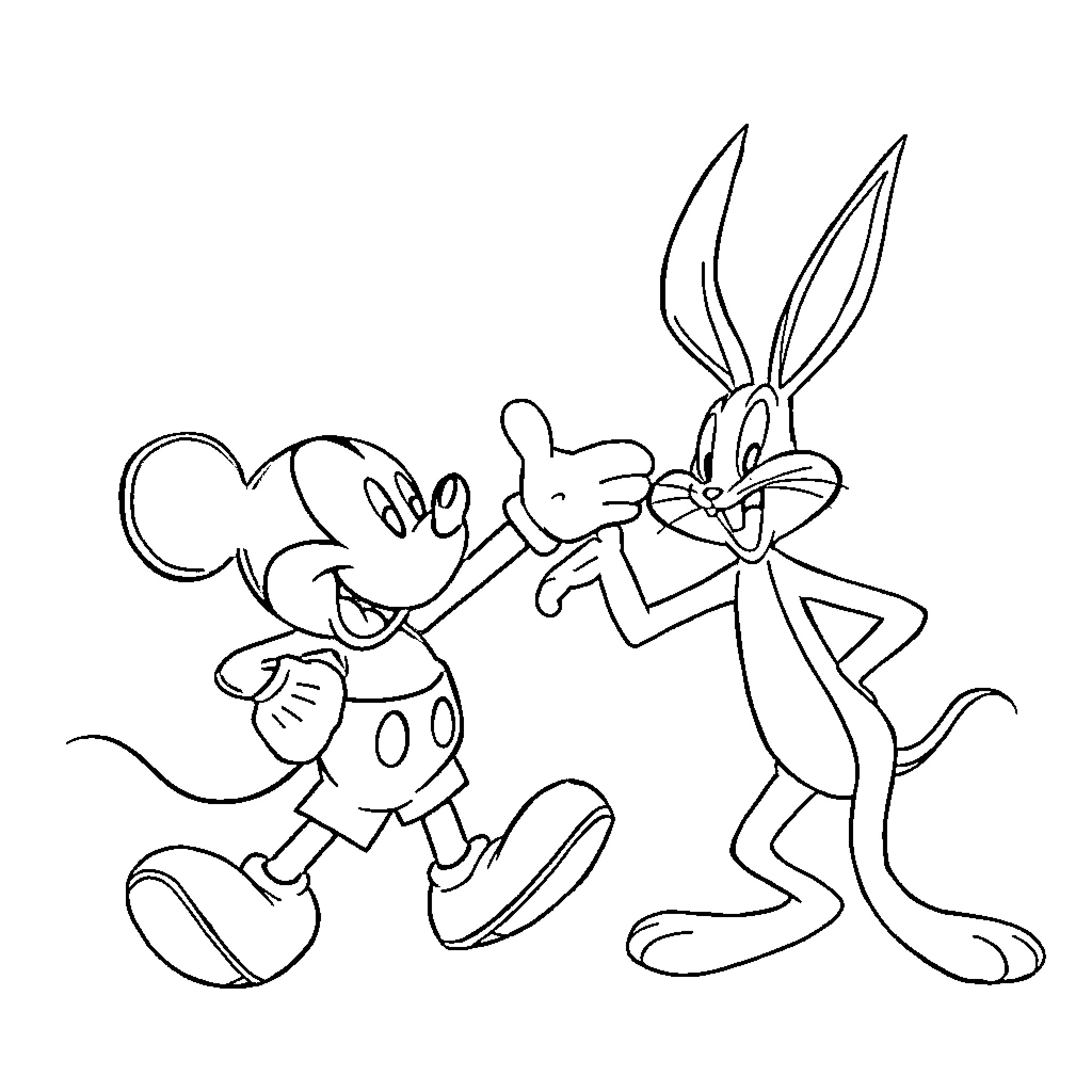 Mickey Mouse and Bugs Bunny in hilarious hijinks Coloring Page (free black-and-white line drawing printable PDF for all, from beginners to advanced learners, including children, teens, adults, and seniors)