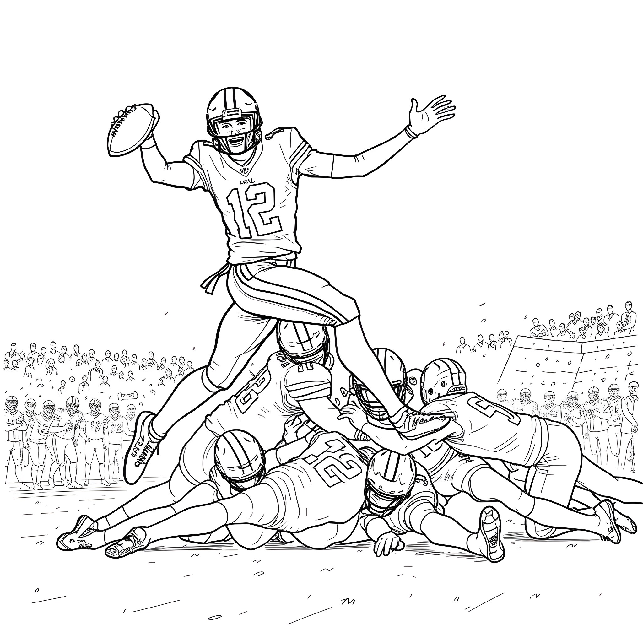 Josh Allen's touchdown celebration on the football field Coloring Page (free black-and-white line drawing printable PDF for all, from beginners to advanced learners, including children, teens, adults, and seniors)
