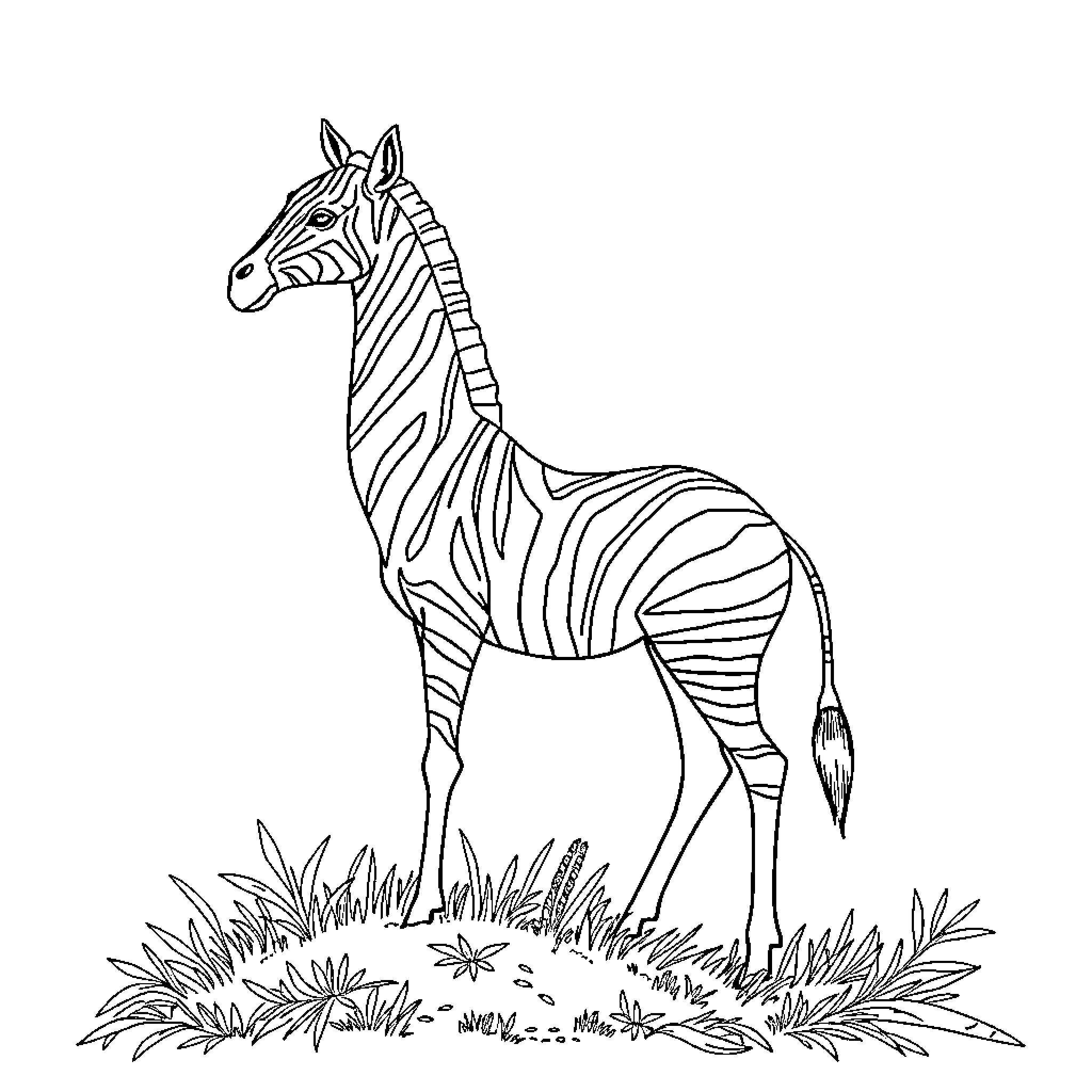Giraffe standing in grassy field Coloring Page (free black-and-white line drawing printable PDF for all, from beginners to advanced learners, including children, teens, adults, and seniors)