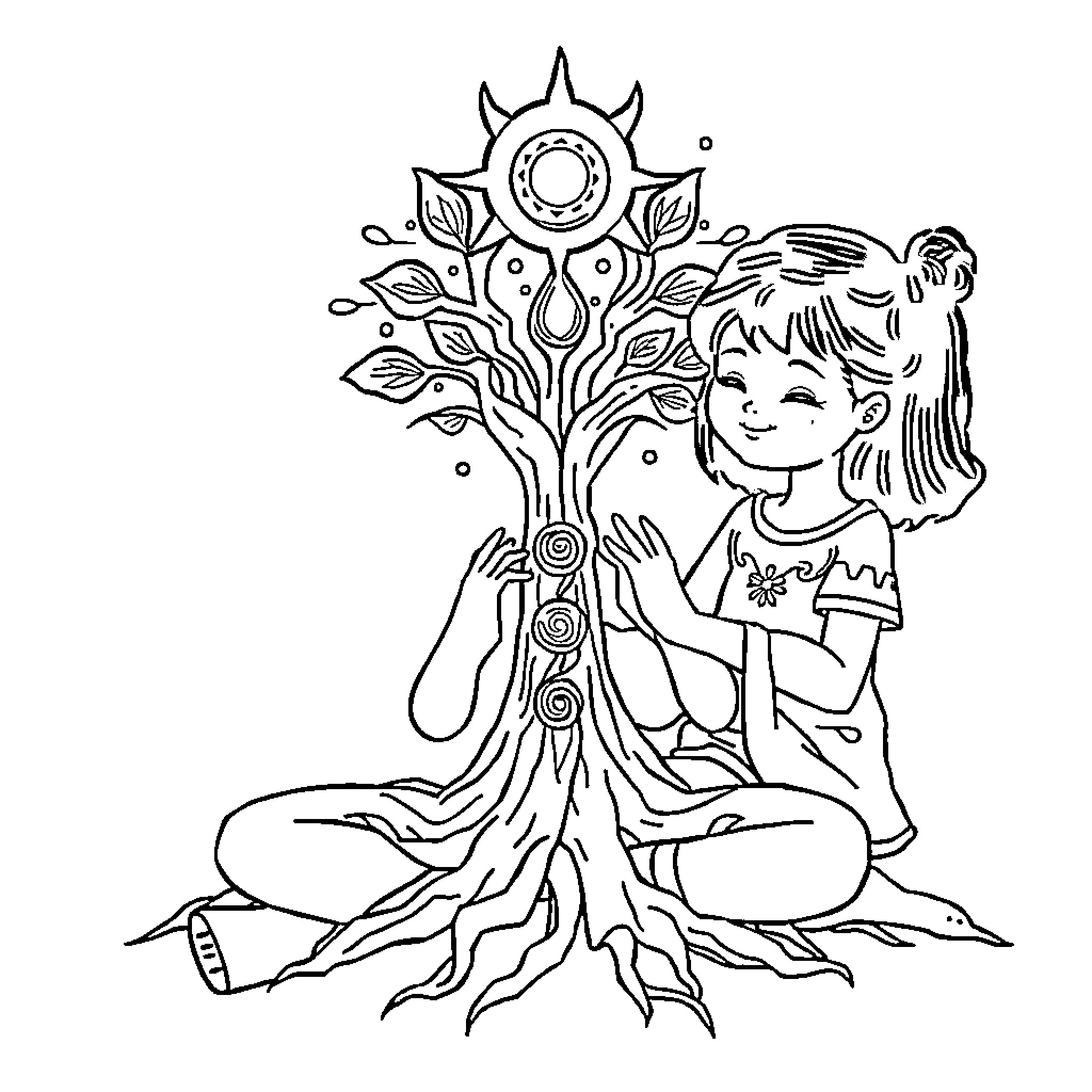 Root Chakra girl meditating with tree of life Coloring Page (free black-and-white line drawing printable PDF for all, from beginners to advanced learners, including children, teens, adults, and seniors)