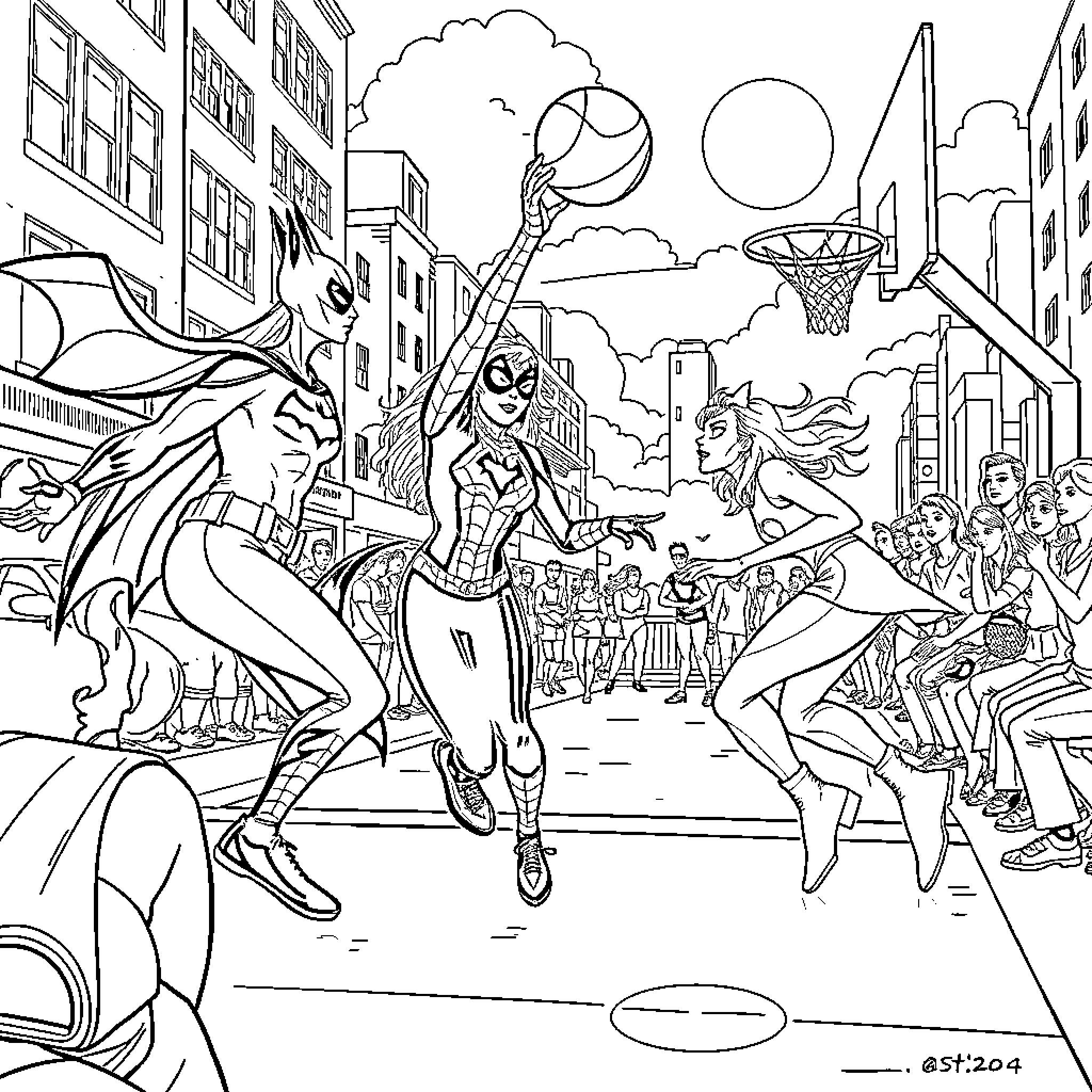 Superheroes in Action Amid City Chaos Coloring Page (free black-and-white line drawing printable PDF for all, from beginners to advanced learners, including children, teens, adults, and seniors)