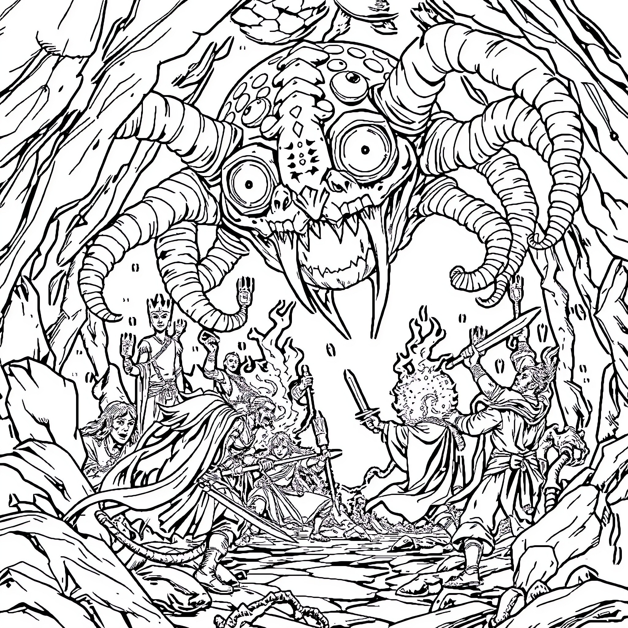 Beholder's Otherworldly Encounter in the Twisted Realm Coloring Page (free black-and-white line drawing printable PDF for all, from beginners to advanced learners, including children, teens, adults, and seniors)