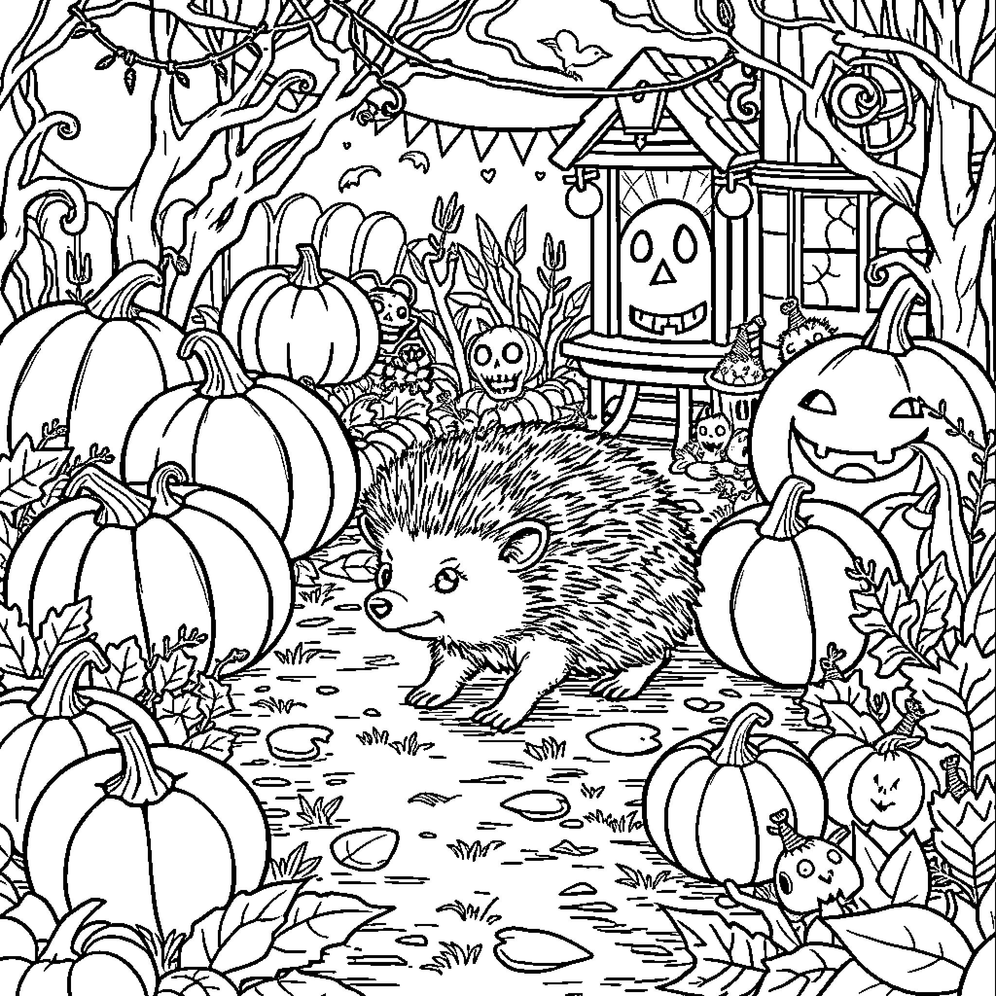 Hedgehog exploring the whimsical Halloween scene Coloring Page (free black-and-white line drawing printable PDF for all, from beginners to advanced learners, including children, teens, adults, and seniors)