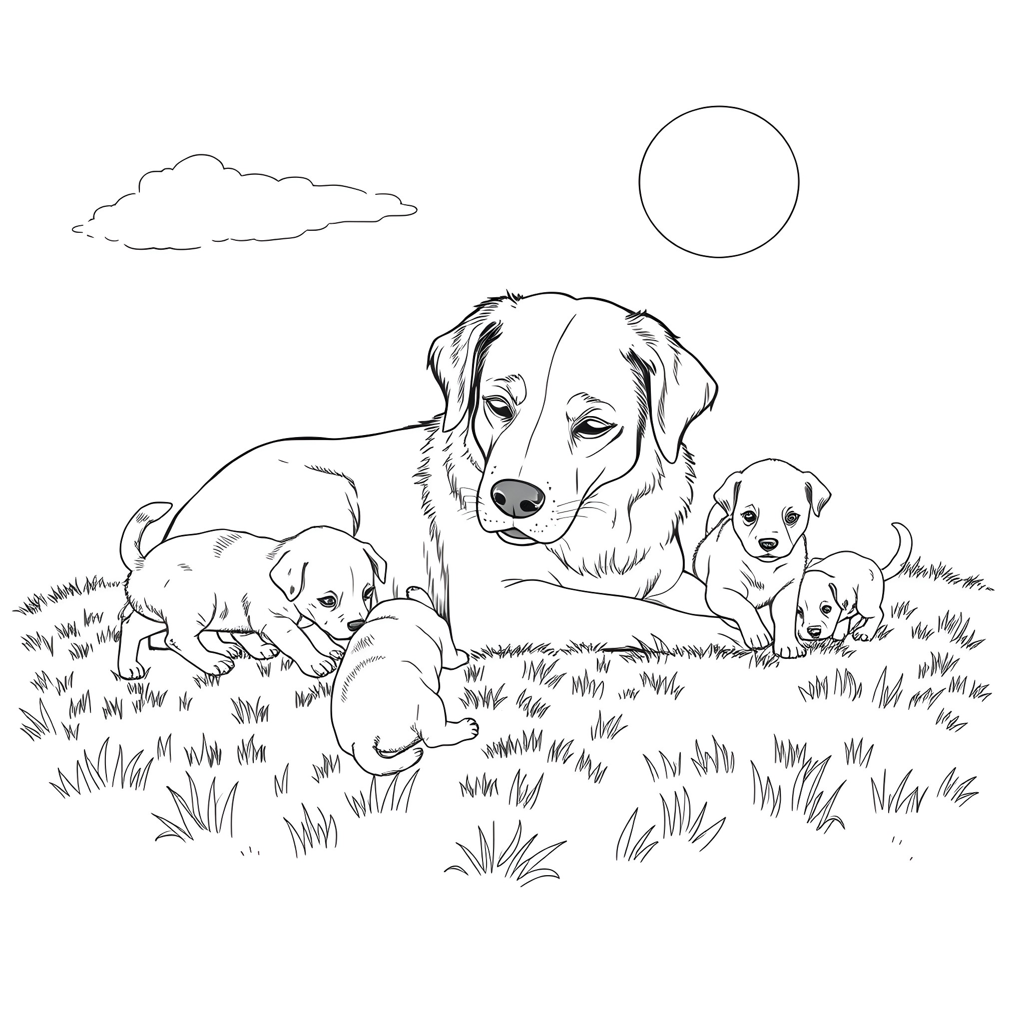 Dog and puppies relaxing in the field Coloring Page (free black-and-white line drawing printable PDF for all, from beginners to advanced learners, including children, teens, adults, and seniors)