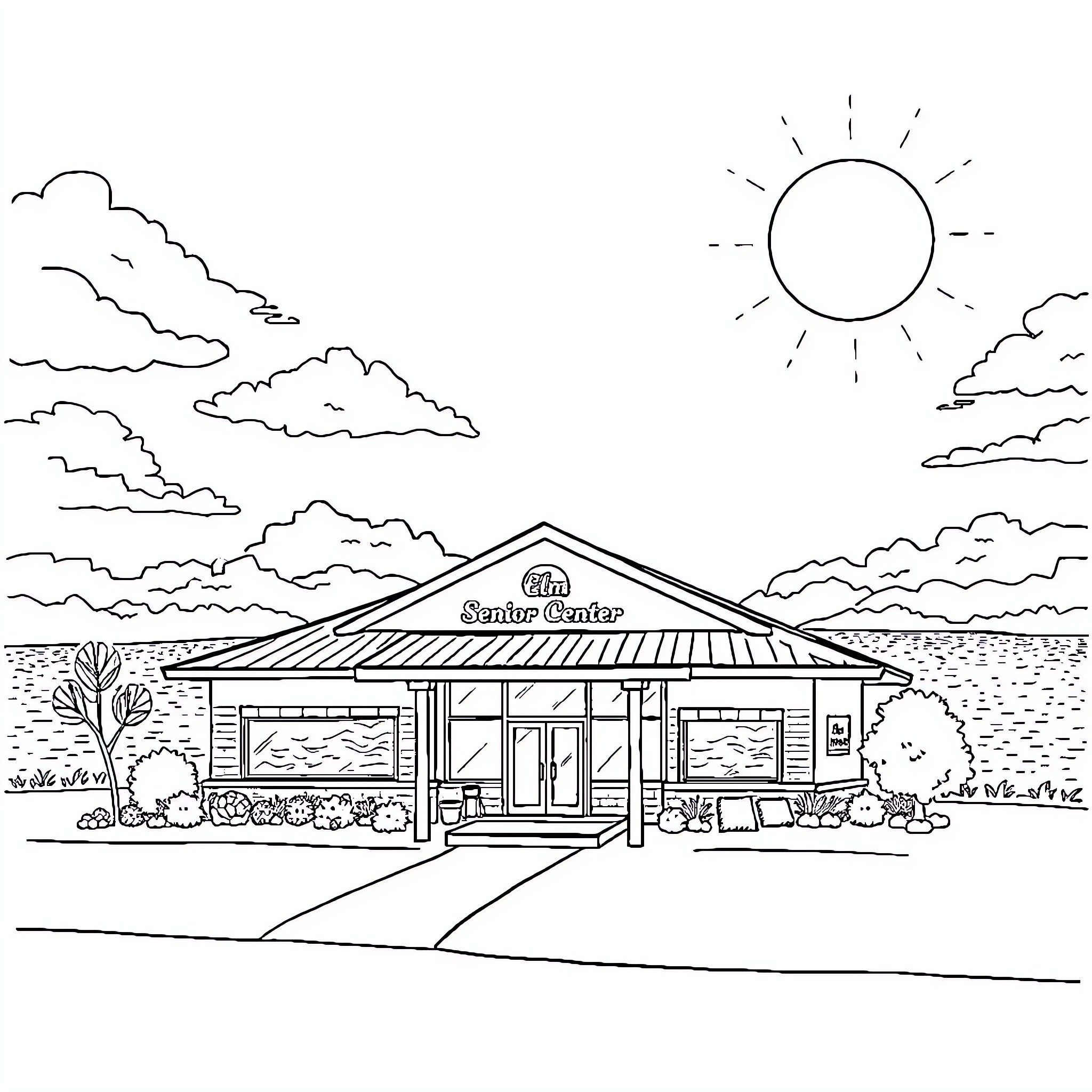 Elm Senior Center on a Sunny Day Coloring Page (free black-and-white line drawing printable PDF for all, from beginners to advanced learners, including children, teens, adults, and seniors)