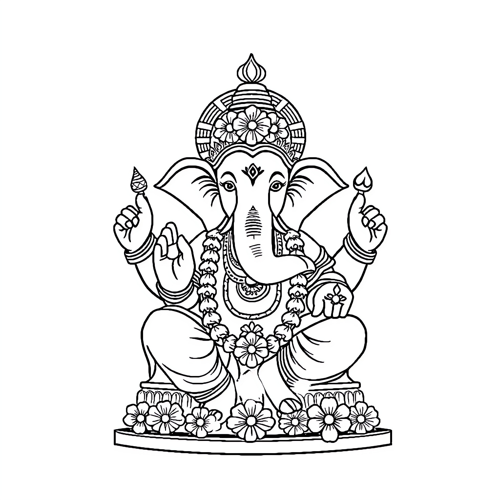 Ganpati seated amidst floral decorations Coloring Page (free black-and-white line drawing printable PDF for all, from beginners to advanced learners, including children, teens, adults, and seniors)