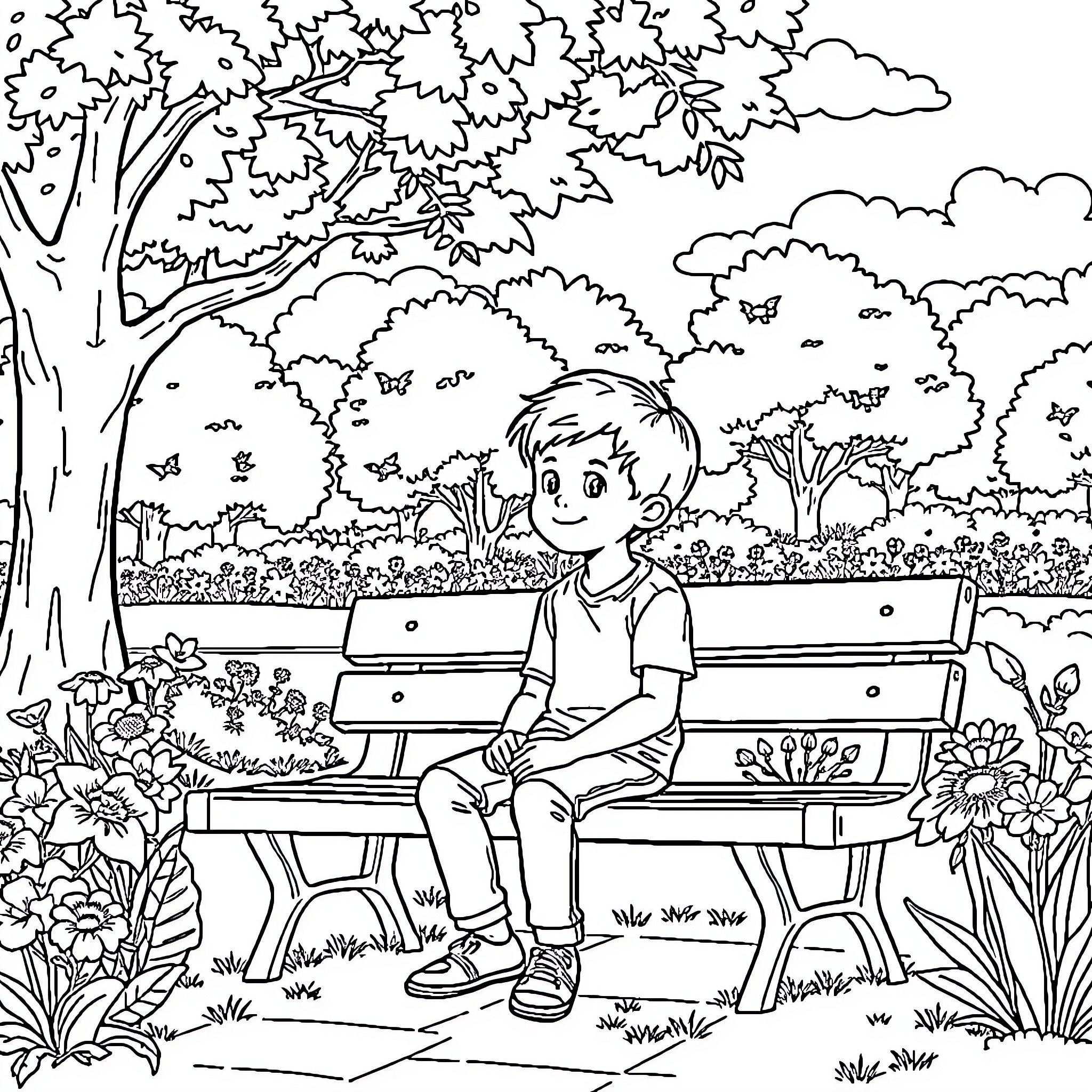 Boy sitting peacefully on a park bench Coloring Page (free black-and-white line drawing printable PDF for all, from beginners to advanced learners, including children, teens, adults, and seniors)