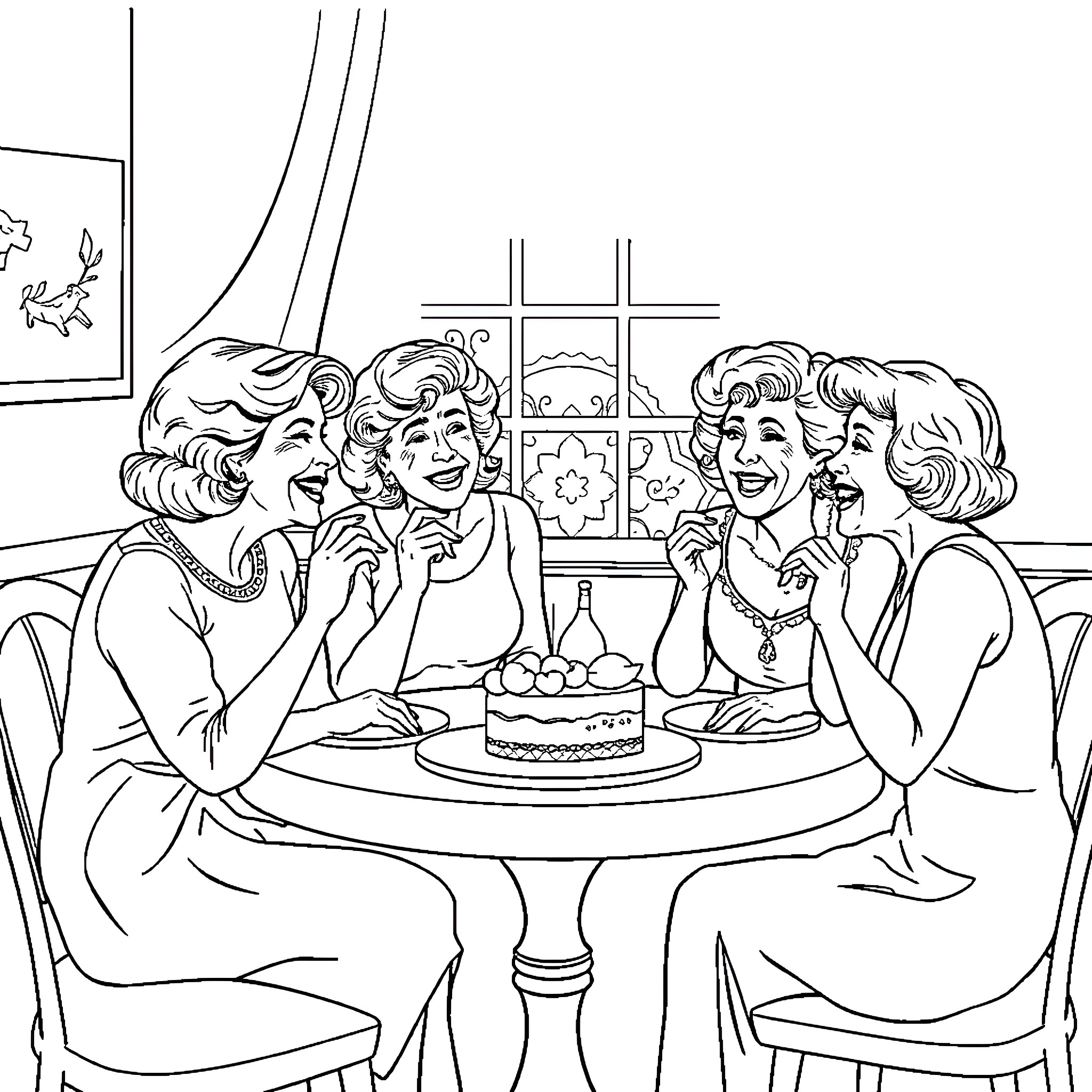 Golden Girls Enjoying a Festive Gathering Coloring Page (free black-and-white line drawing printable PDF for all, from beginners to advanced learners, including children, teens, adults, and seniors)