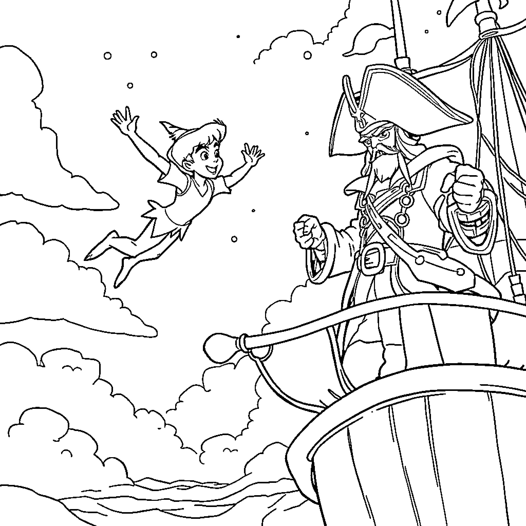 Peter Pan flying with pirates on a ship Coloring Page (free black-and-white line drawing printable PDF for all, from beginners to advanced learners, including children, teens, adults, and seniors)