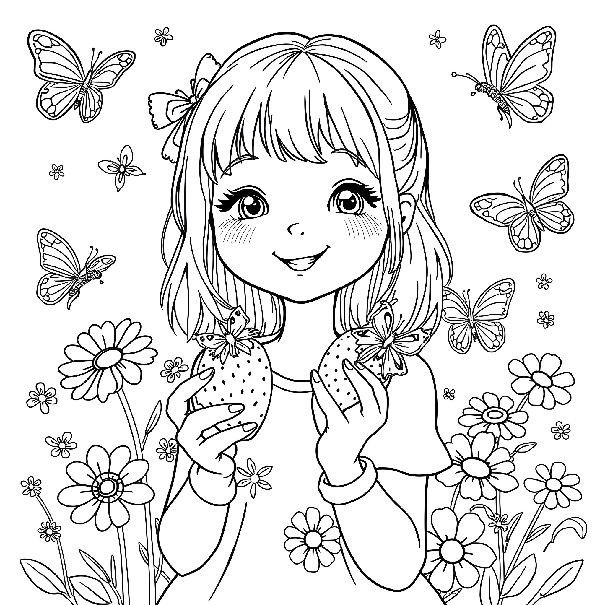 Girl playing with butterflies in a floral garden Coloring Page (free black-and-white line drawing printable PDF for all, from beginners to advanced learners, including children, teens, adults, and seniors)