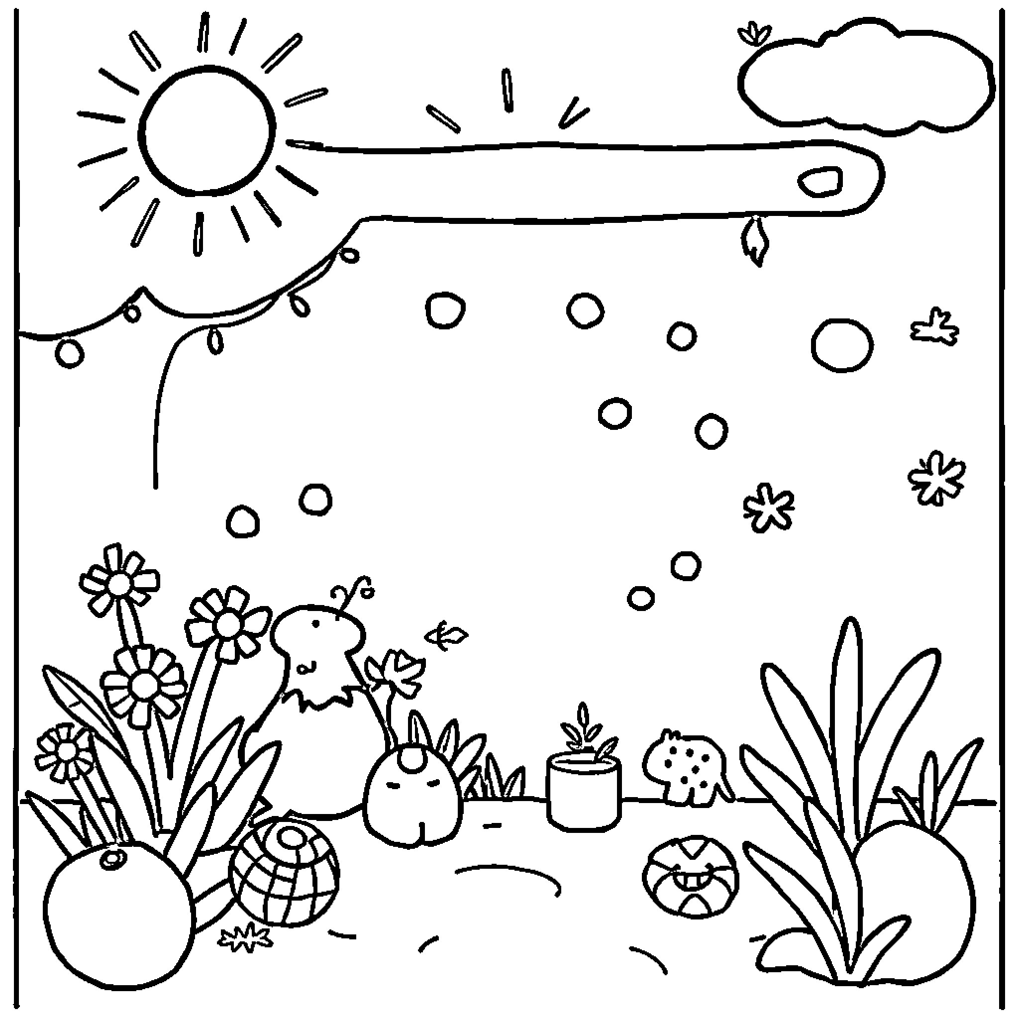 Kids playing and exploring in a whimsical garden Coloring Page (free black-and-white line drawing printable PDF for all, from beginners to advanced learners, including children, teens, adults, and seniors)