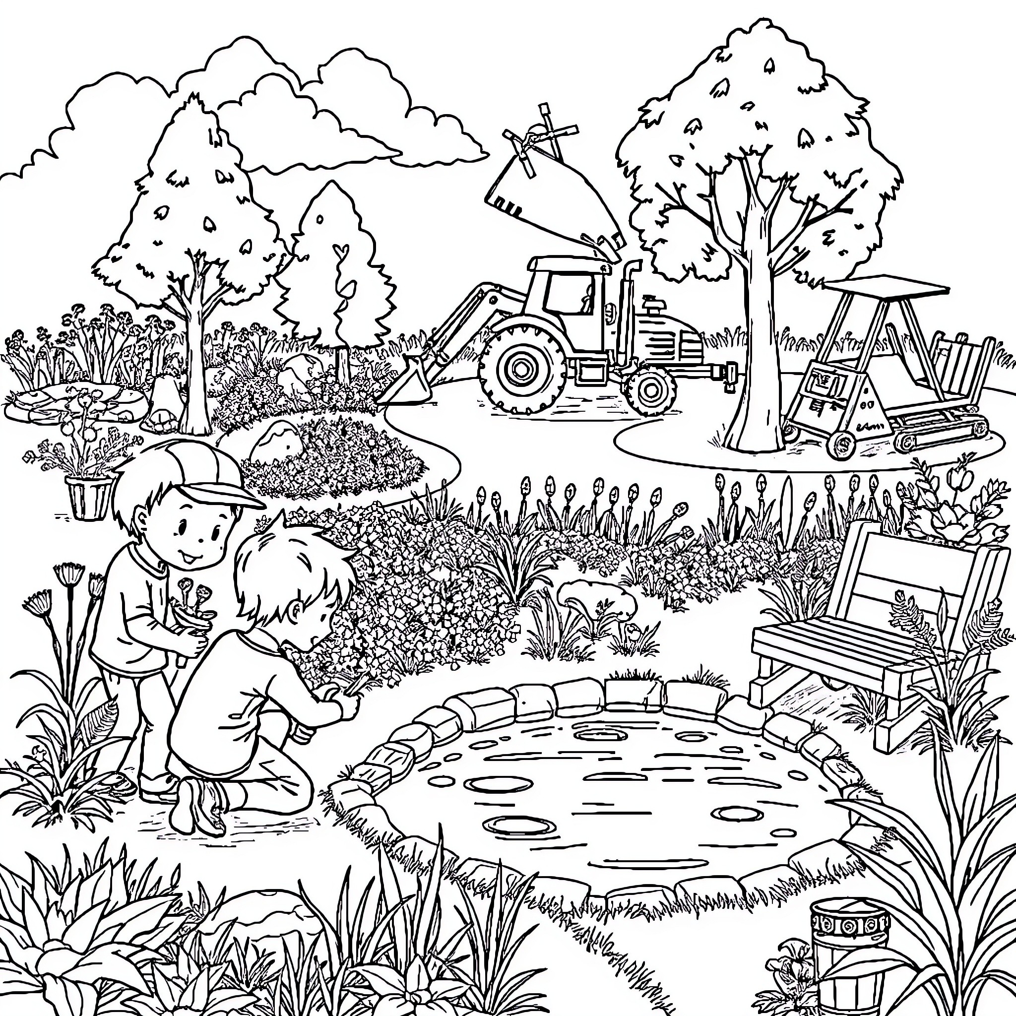 Landscape Worker Tending to Garden and Outdoor Scene Coloring Page (free black-and-white line drawing printable PDF for all, from beginners to advanced learners, including children, teens, adults, and seniors)