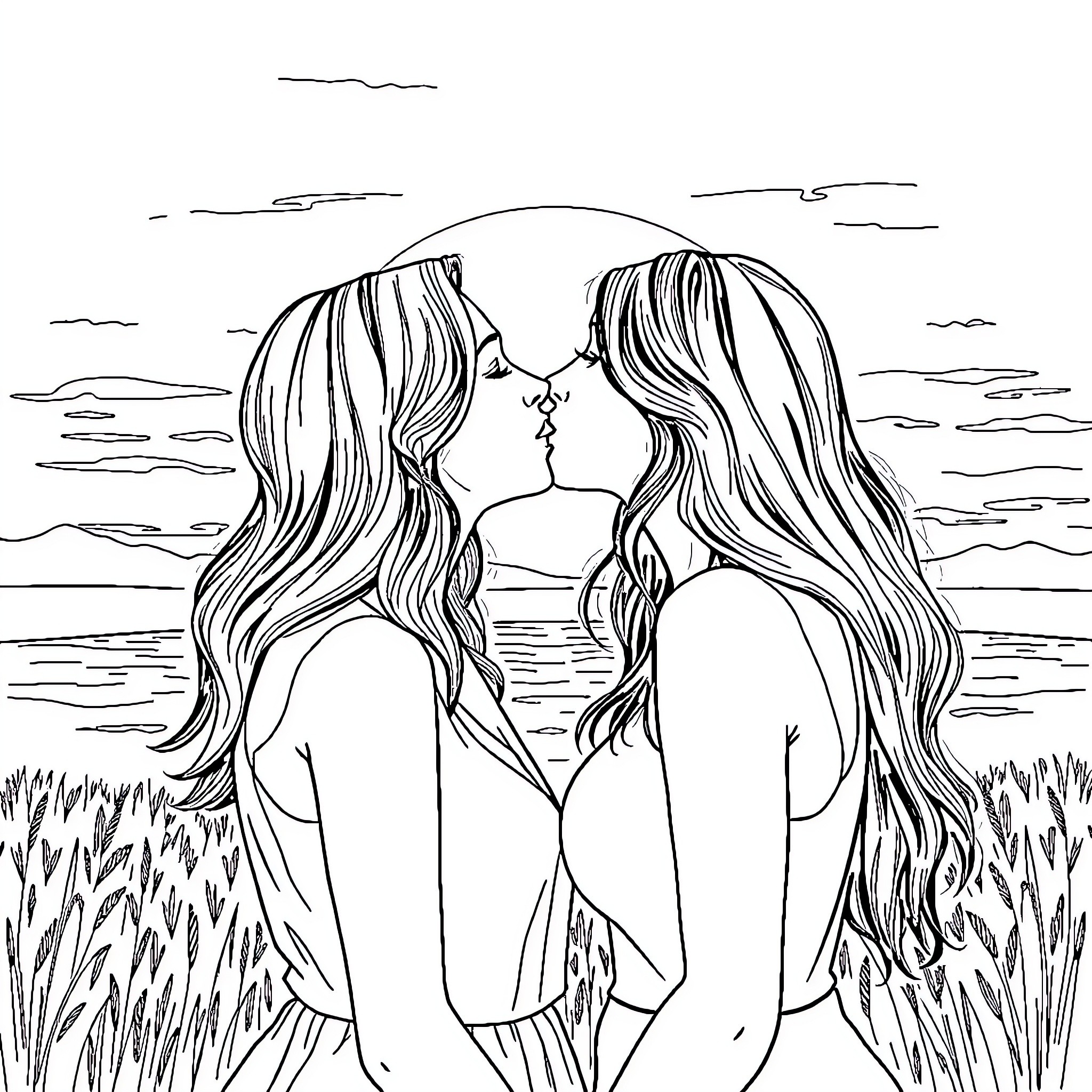 Woman kissing tenderly on the beach Coloring Page (free black-and-white line drawing printable PDF for all, from beginners to advanced learners, including children, teens, adults, and seniors)